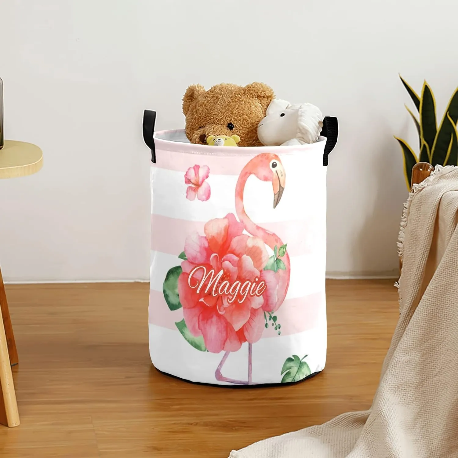 Flower Pink Flamingo Dot Stripe Personalized Waterproof Foldable Laundry Basket Bag with Handle, Custom Collapsible Clothes Hamper Storage Bin for Toys Laundry Dorm Travel Bathroom