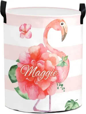 Flower Pink Flamingo Dot Stripe Personalized Waterproof Foldable Laundry Basket Bag with Handle, Custom Collapsible Clothes Hamper Storage Bin for Toys Laundry Dorm Travel Bathroom