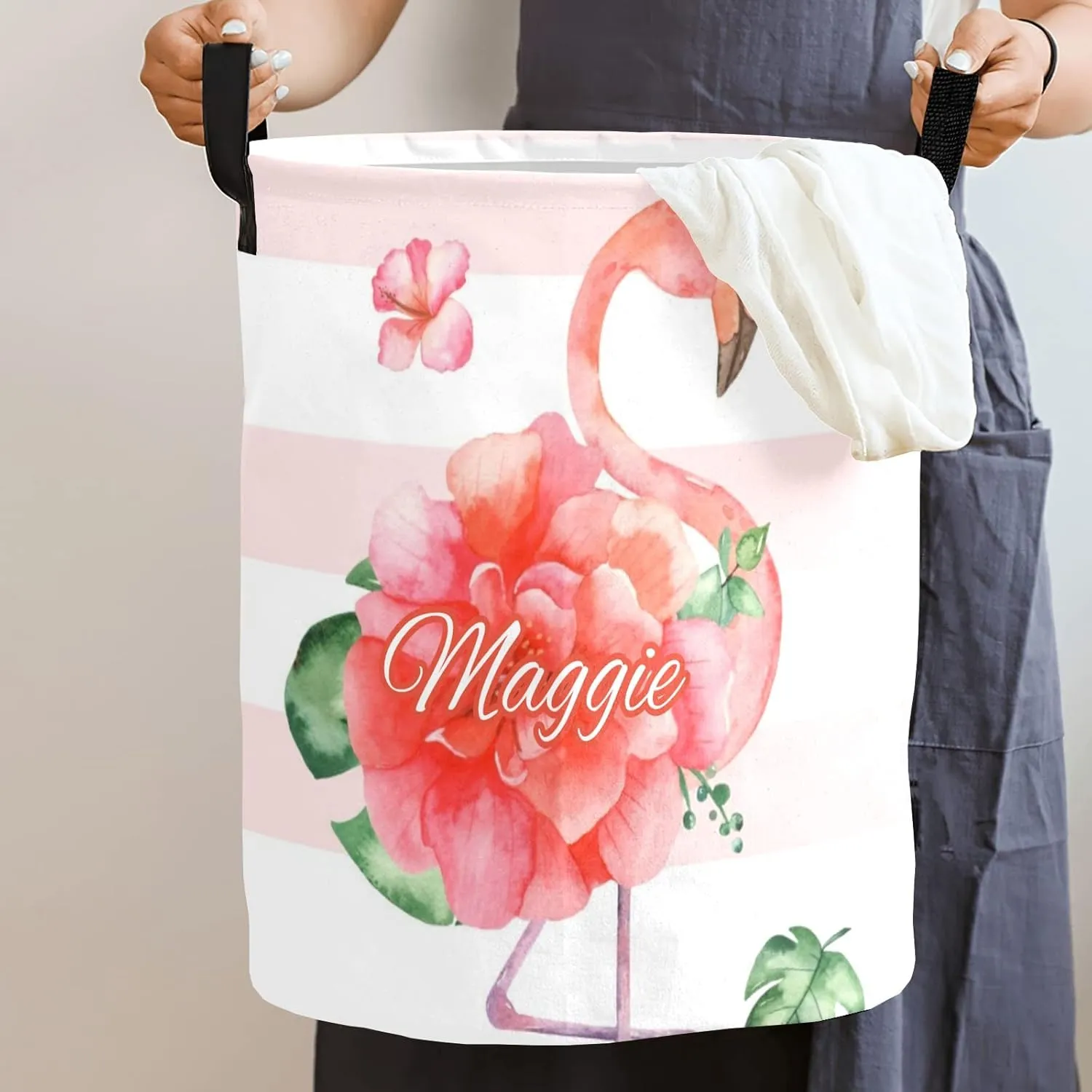 Flower Pink Flamingo Dot Stripe Personalized Waterproof Foldable Laundry Basket Bag with Handle, Custom Collapsible Clothes Hamper Storage Bin for Toys Laundry Dorm Travel Bathroom