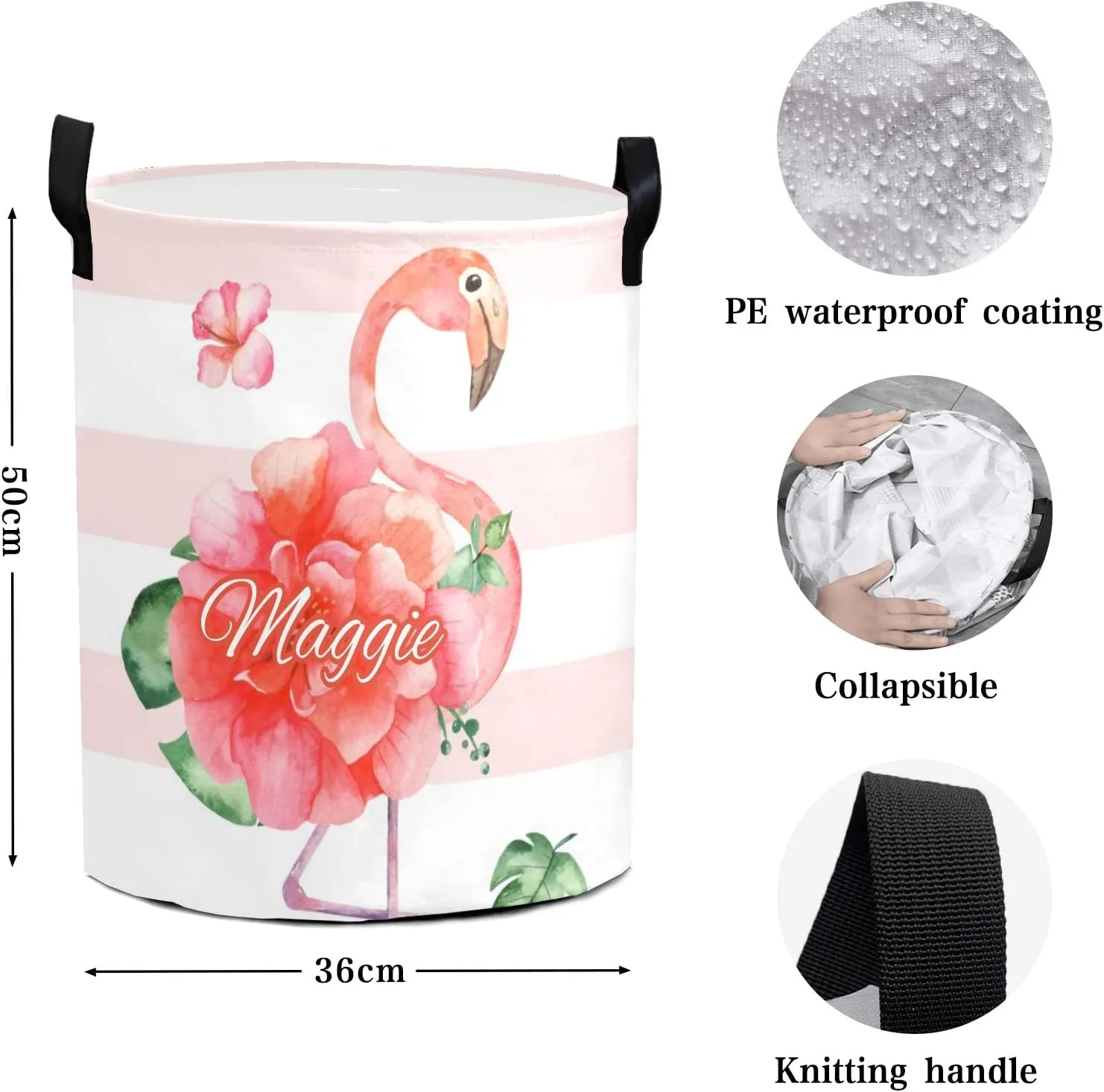 Flower Pink Flamingo Dot Stripe Personalized Waterproof Foldable Laundry Basket Bag with Handle, Custom Collapsible Clothes Hamper Storage Bin for Toys Laundry Dorm Travel Bathroom