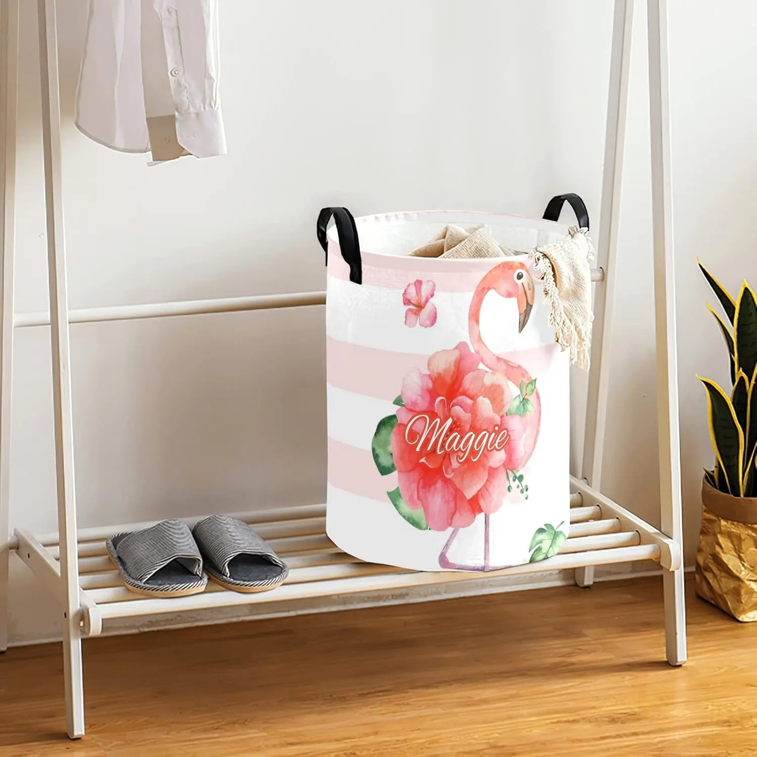 Flower Pink Flamingo Dot Stripe Personalized Waterproof Foldable Laundry Basket Bag with Handle, Custom Collapsible Clothes Hamper Storage Bin for Toys Laundry Dorm Travel Bathroom