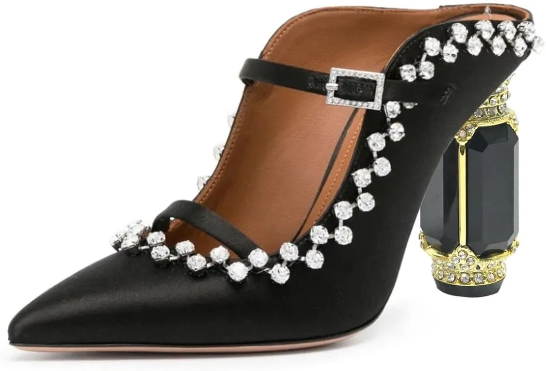 FSJ Women Pointed Toe Mules Chunky High Heels Sandals Pumps Slip On Two Strap Chic Crystal Block Heels Backless Casual Dressy Shoes Size 4-16 US
