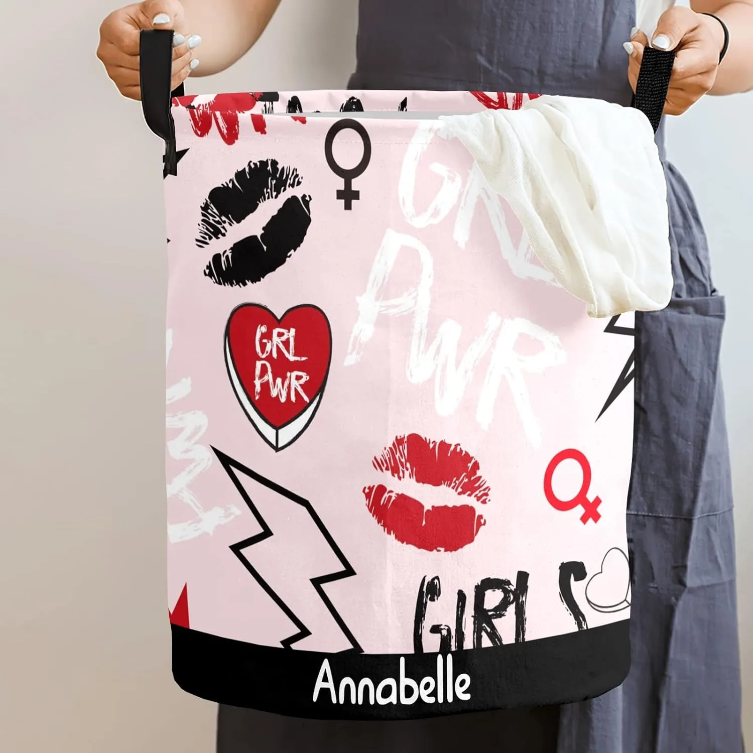 Girl Power Personalized Waterproof Foldable Laundry Basket Bag with Handle, Custom Collapsible Clothes Hamper Storage Bin for Toys Laundry Dorm Travel Bathroom