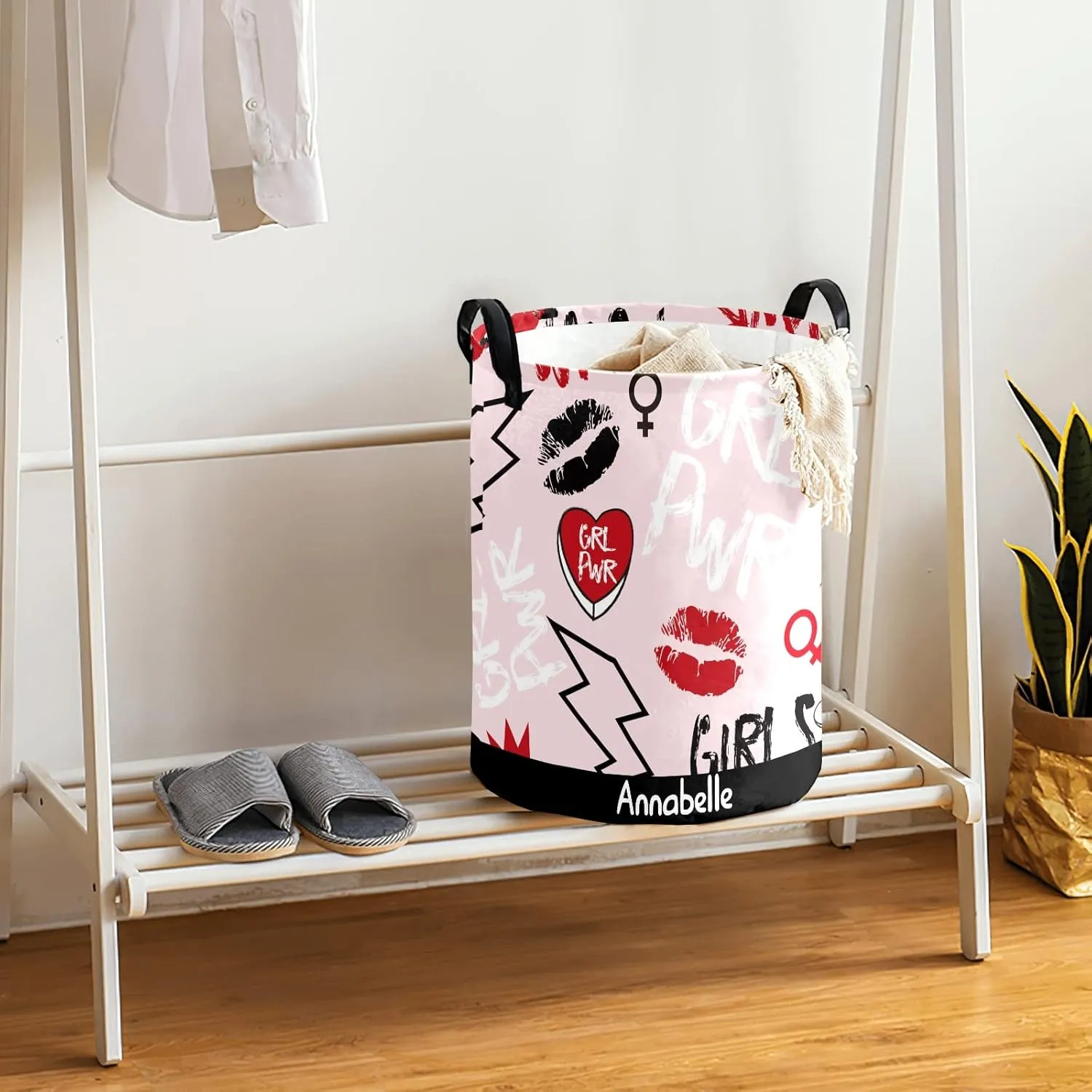 Girl Power Personalized Waterproof Foldable Laundry Basket Bag with Handle, Custom Collapsible Clothes Hamper Storage Bin for Toys Laundry Dorm Travel Bathroom