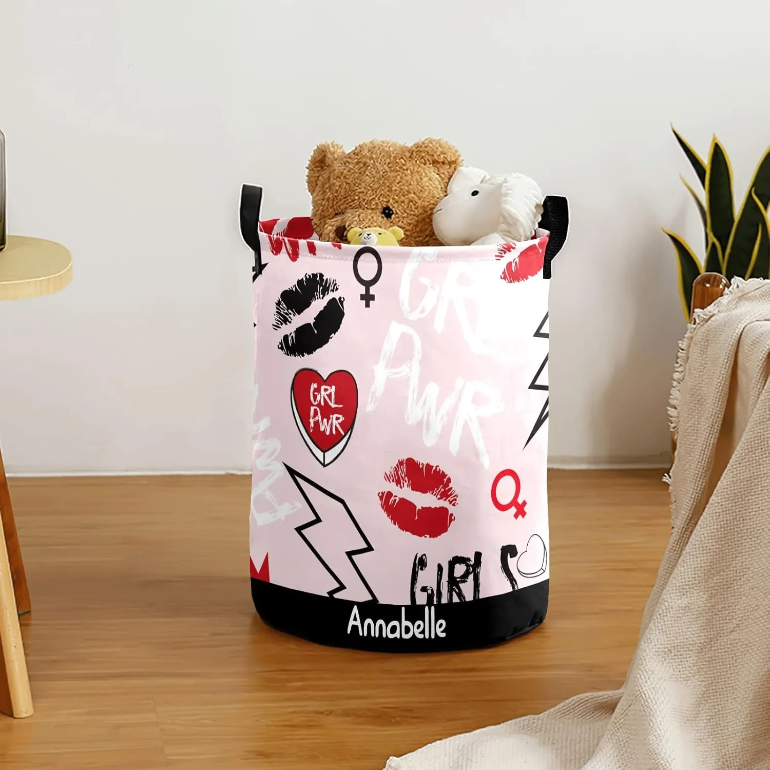 Girl Power Personalized Waterproof Foldable Laundry Basket Bag with Handle, Custom Collapsible Clothes Hamper Storage Bin for Toys Laundry Dorm Travel Bathroom