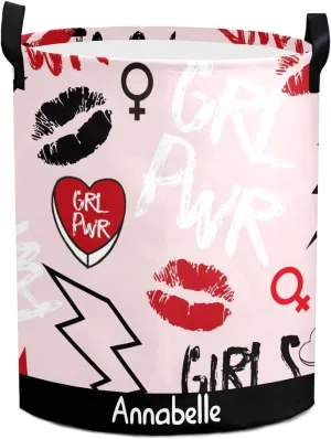 Girl Power Personalized Waterproof Foldable Laundry Basket Bag with Handle, Custom Collapsible Clothes Hamper Storage Bin for Toys Laundry Dorm Travel Bathroom