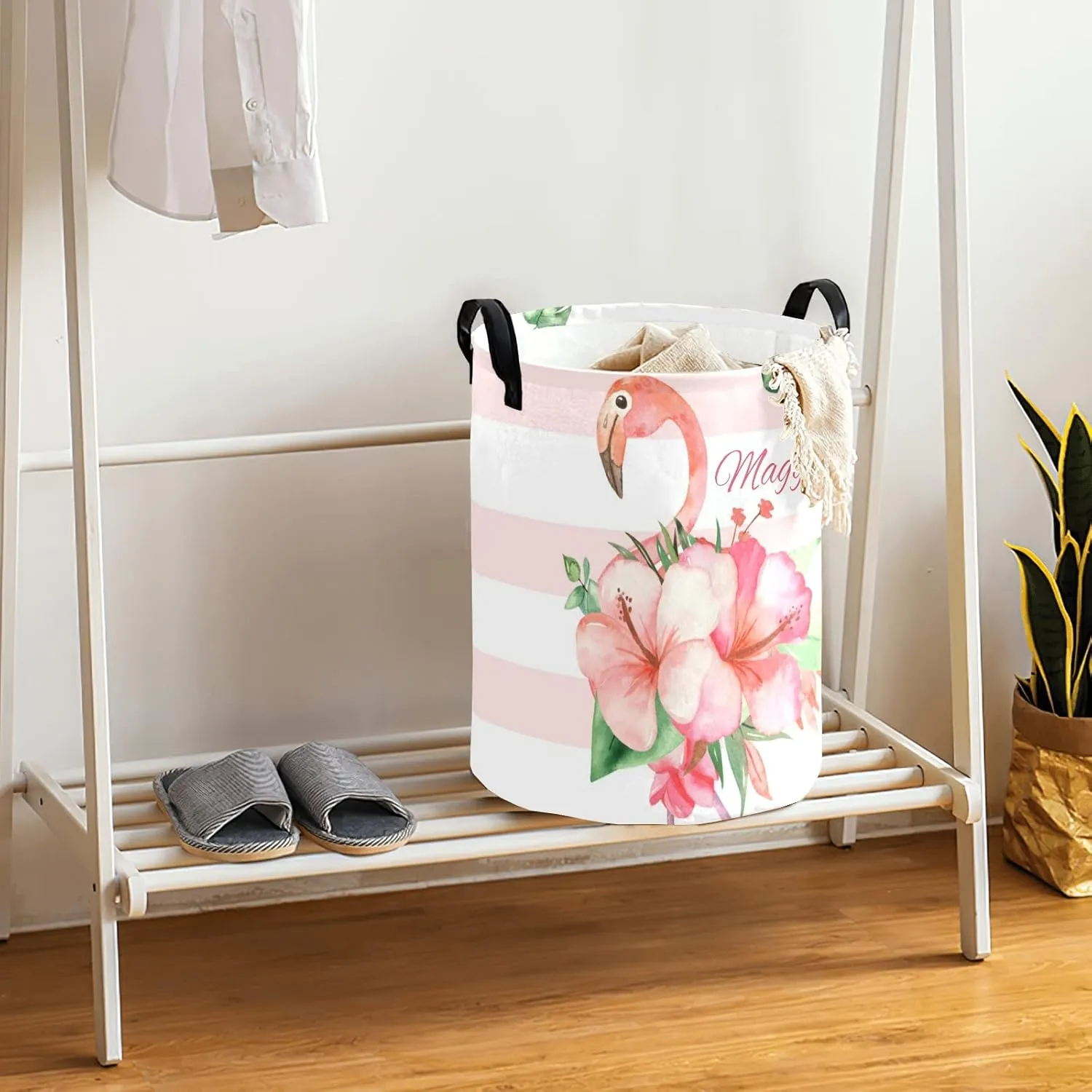 Gold Dots Pink Striped Flamingo Personalized Waterproof Foldable Laundry Basket Bag with Handle, Custom Collapsible Clothes Hamper Storage Bin for Toys Laundry Dorm Travel Bathroom