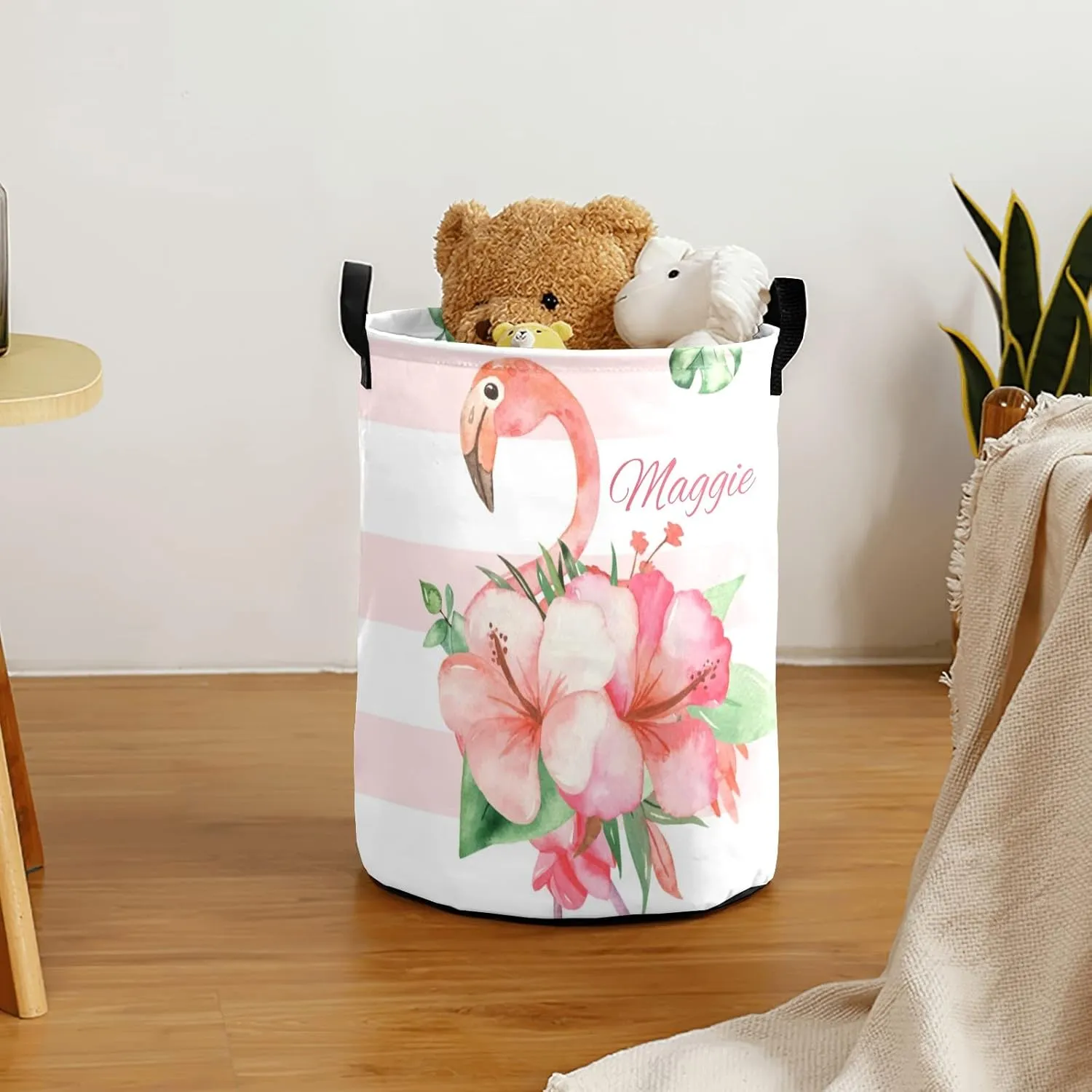 Gold Dots Pink Striped Flamingo Personalized Waterproof Foldable Laundry Basket Bag with Handle, Custom Collapsible Clothes Hamper Storage Bin for Toys Laundry Dorm Travel Bathroom