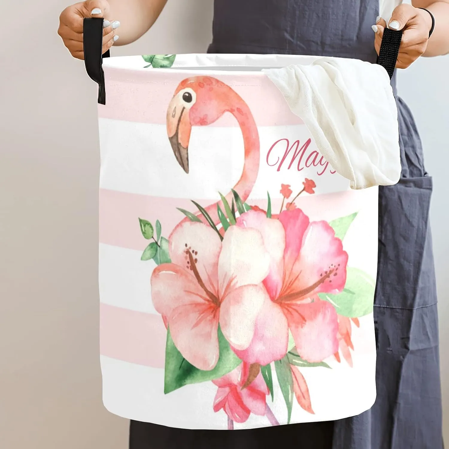 Gold Dots Pink Striped Flamingo Personalized Waterproof Foldable Laundry Basket Bag with Handle, Custom Collapsible Clothes Hamper Storage Bin for Toys Laundry Dorm Travel Bathroom