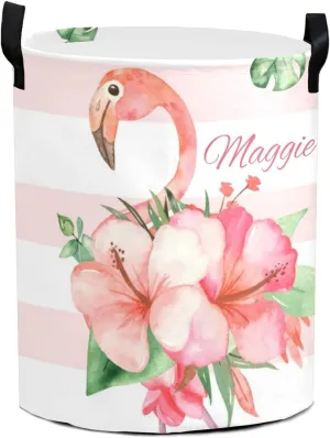 Gold Dots Pink Striped Flamingo Personalized Waterproof Foldable Laundry Basket Bag with Handle, Custom Collapsible Clothes Hamper Storage Bin for Toys Laundry Dorm Travel Bathroom