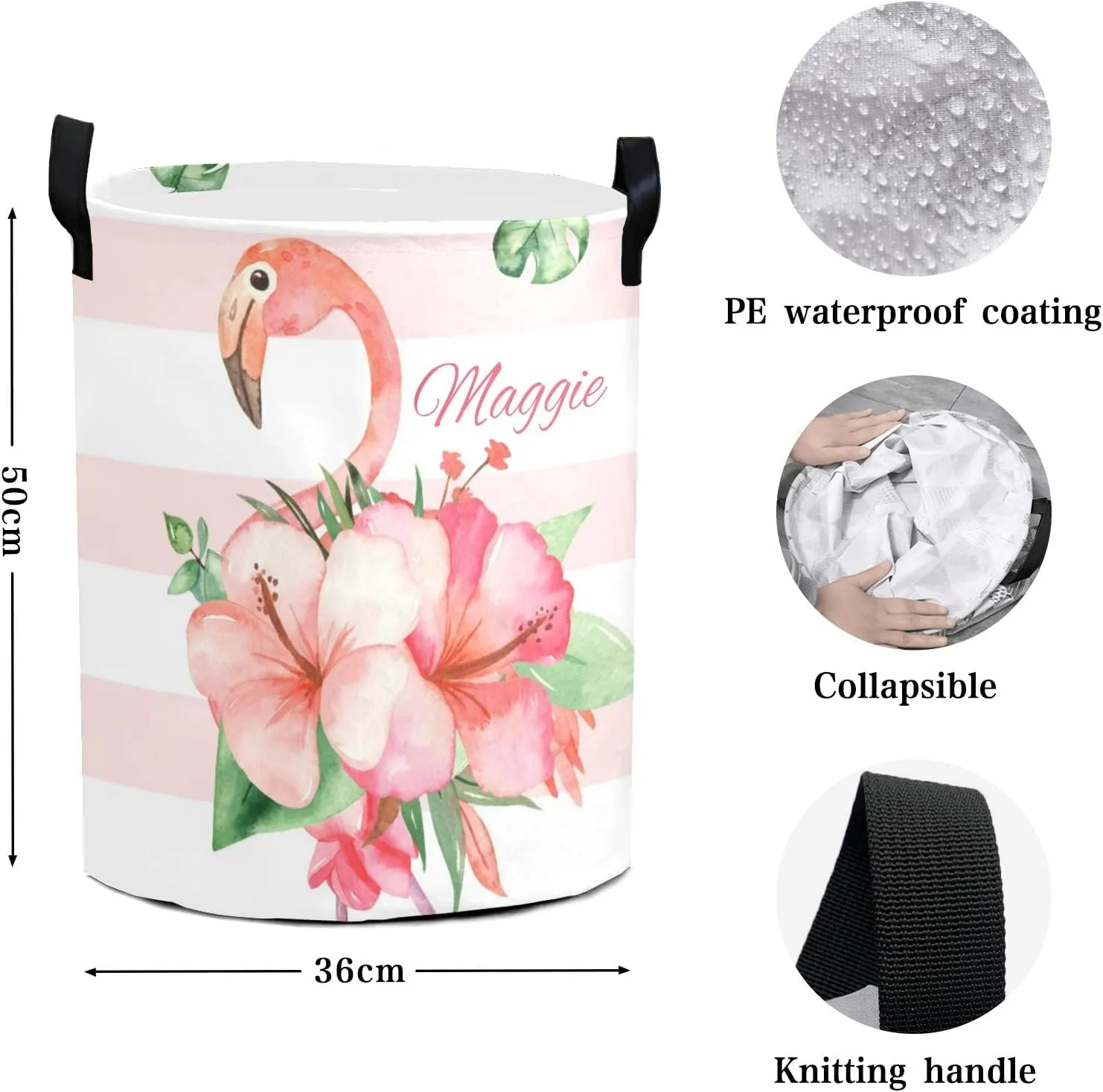 Gold Dots Pink Striped Flamingo Personalized Waterproof Foldable Laundry Basket Bag with Handle, Custom Collapsible Clothes Hamper Storage Bin for Toys Laundry Dorm Travel Bathroom