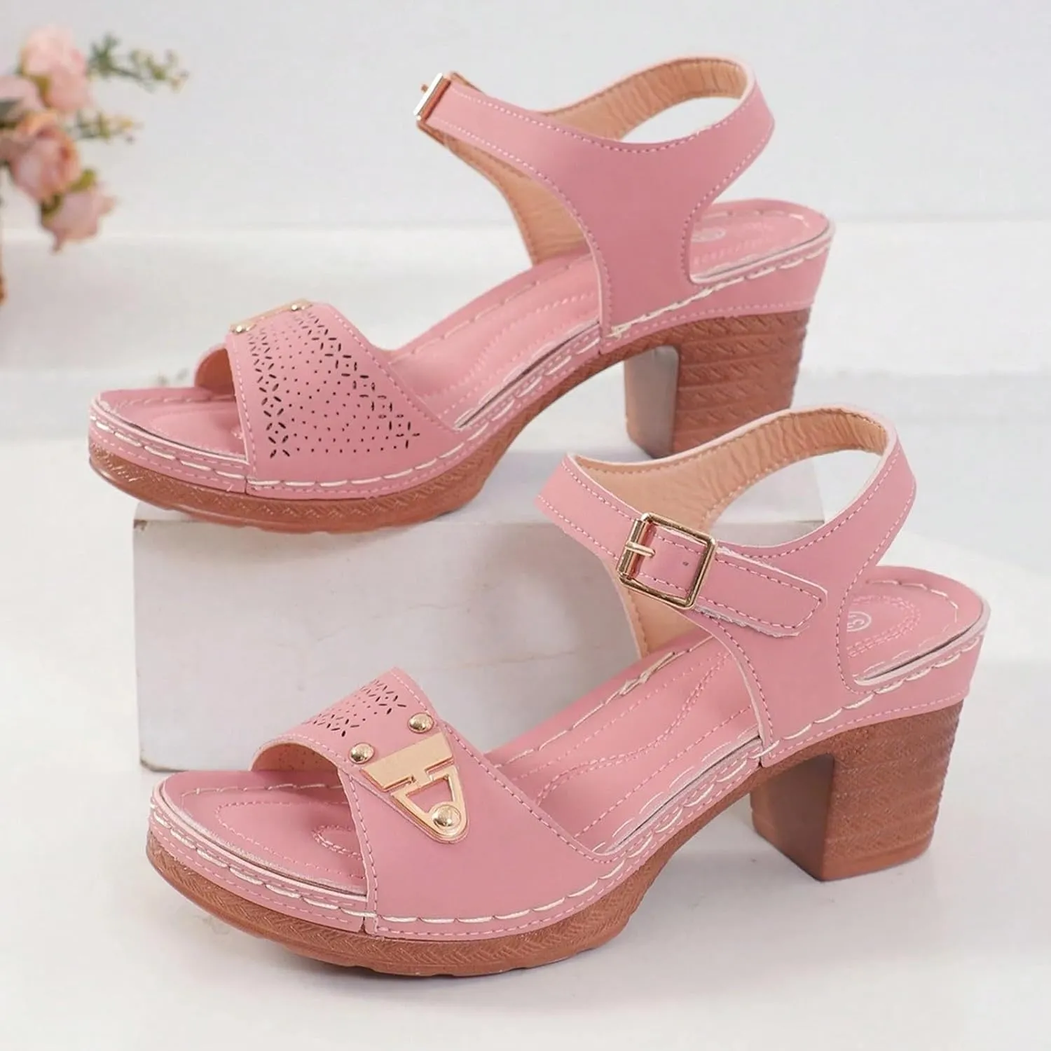 Hbeylia Platform Chunky Heels Sandals for Women Dressy Open Toe Low Block Heeled Fashion Wedding Party Dress Sandals Buckle Ankle Strap Casual Pumps Summer Shoes