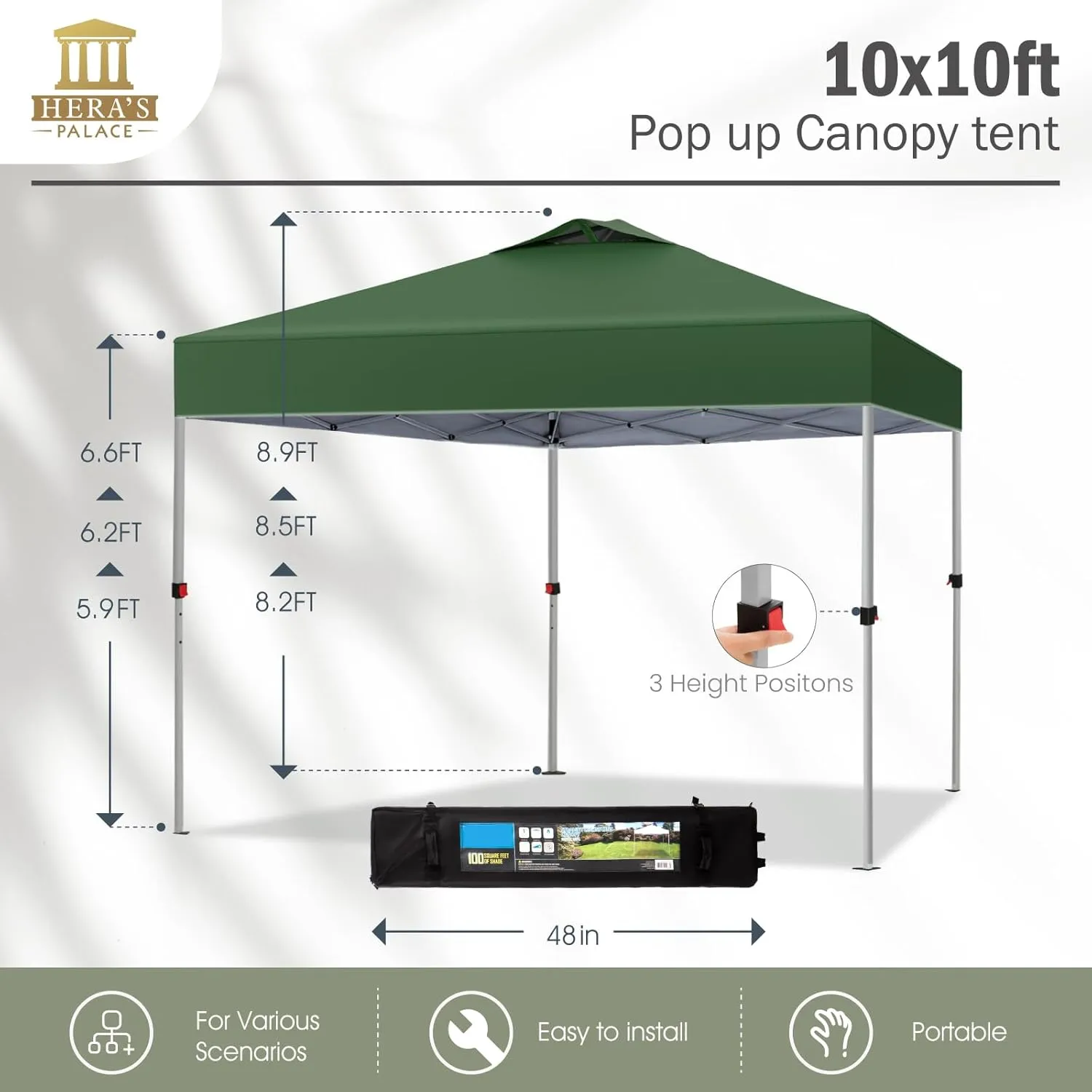 HERA'S PALACE 10x10 Pop Up Canopy Outdoor Tent for Patio with Bag Easy Up Shade Canopies Heavy Duty Event Tents for Backyard, Bench, Garden