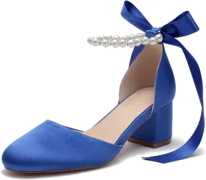 High Block Heel Wedding Closed Toe Sandals for Bride Pearl Bow Ankle Strap Women Chunky Heels Sandal Round Toe Satin Bridal Shoes