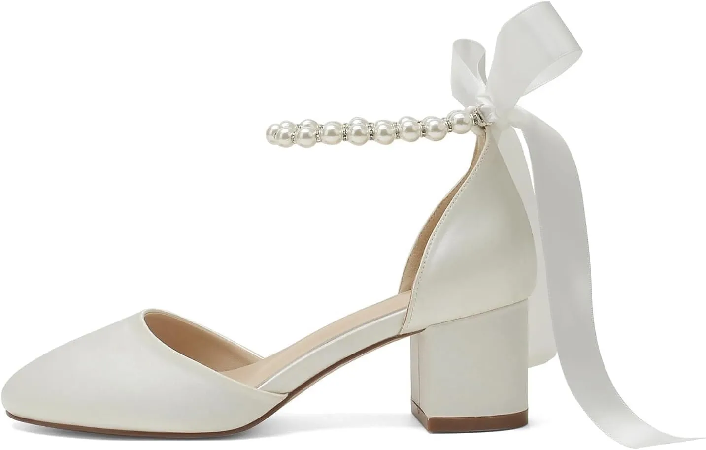 High Block Heel Wedding Closed Toe Sandals for Bride Pearl Bow Ankle Strap Women Chunky Heels Sandal Round Toe Satin Bridal Shoes