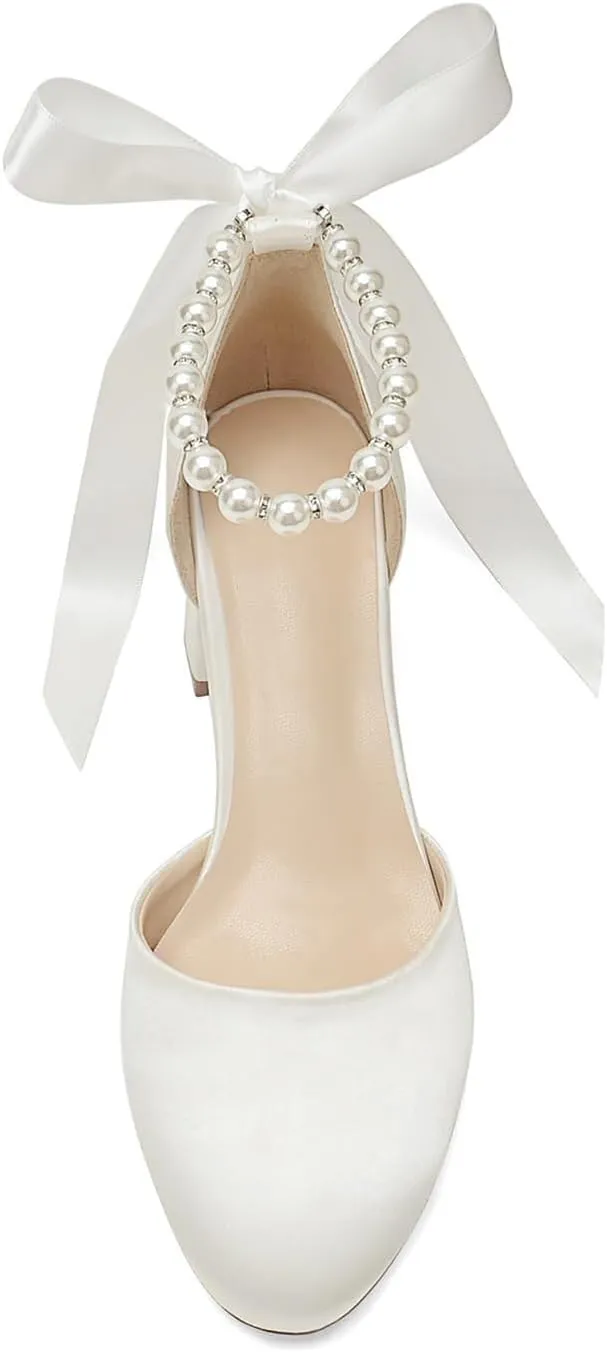 High Block Heel Wedding Closed Toe Sandals for Bride Pearl Bow Ankle Strap Women Chunky Heels Sandal Round Toe Satin Bridal Shoes