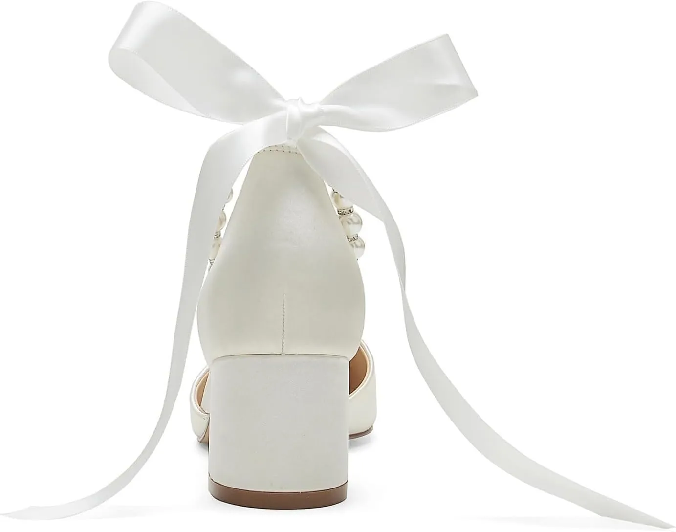 High Block Heel Wedding Closed Toe Sandals for Bride Pearl Bow Ankle Strap Women Chunky Heels Sandal Round Toe Satin Bridal Shoes