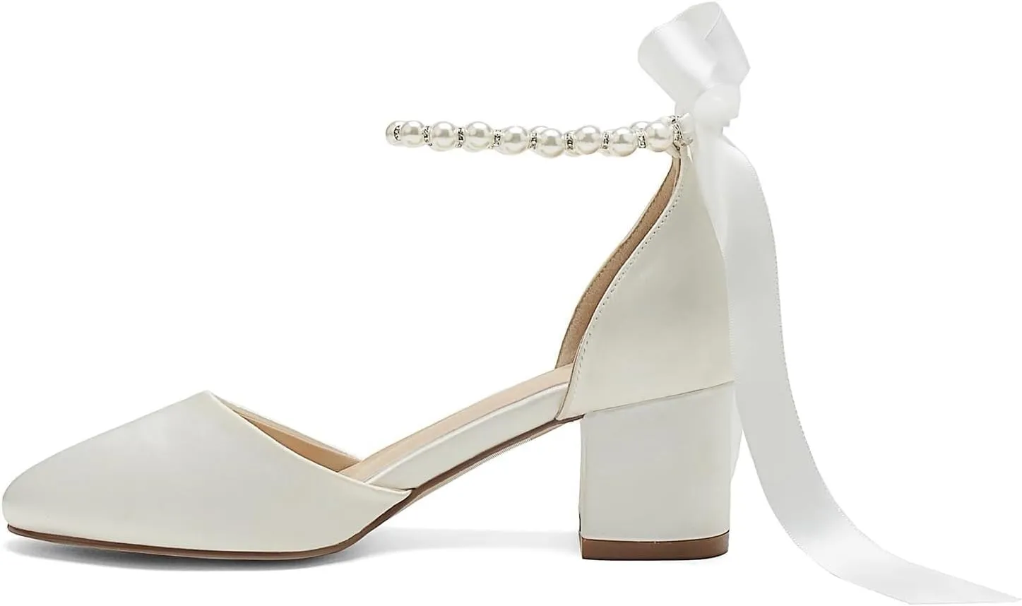 High Block Heel Wedding Closed Toe Sandals for Bride Pearl Bow Ankle Strap Women Chunky Heels Sandal Round Toe Satin Bridal Shoes