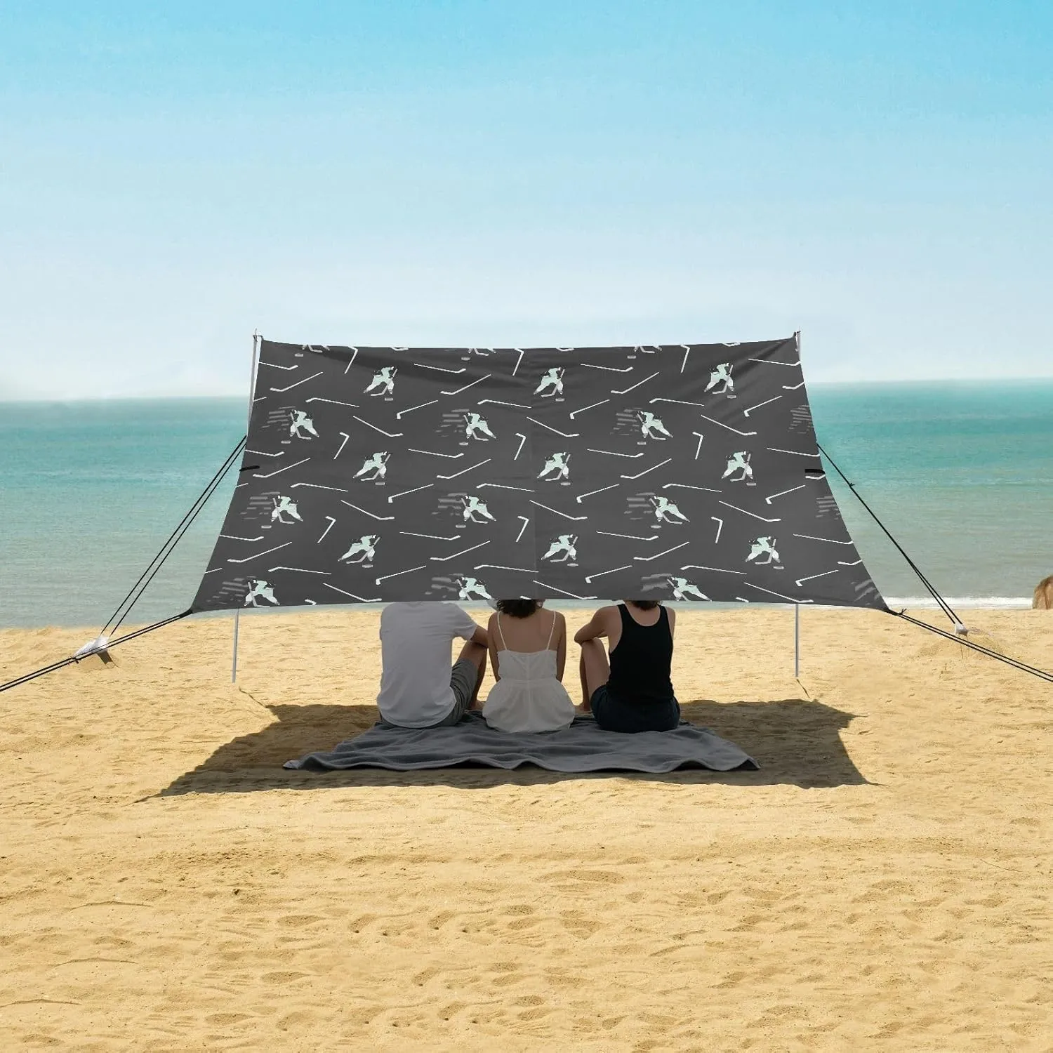 Hockey Pattern with Players Beach Camping Tent Sun Shelter for Whole Family, Beach Shade Canopy with UPF50  UV Protection,Easy Set Up and Carry,Outdoor Shade for Trips, Fishing, Backyard Fun Pi