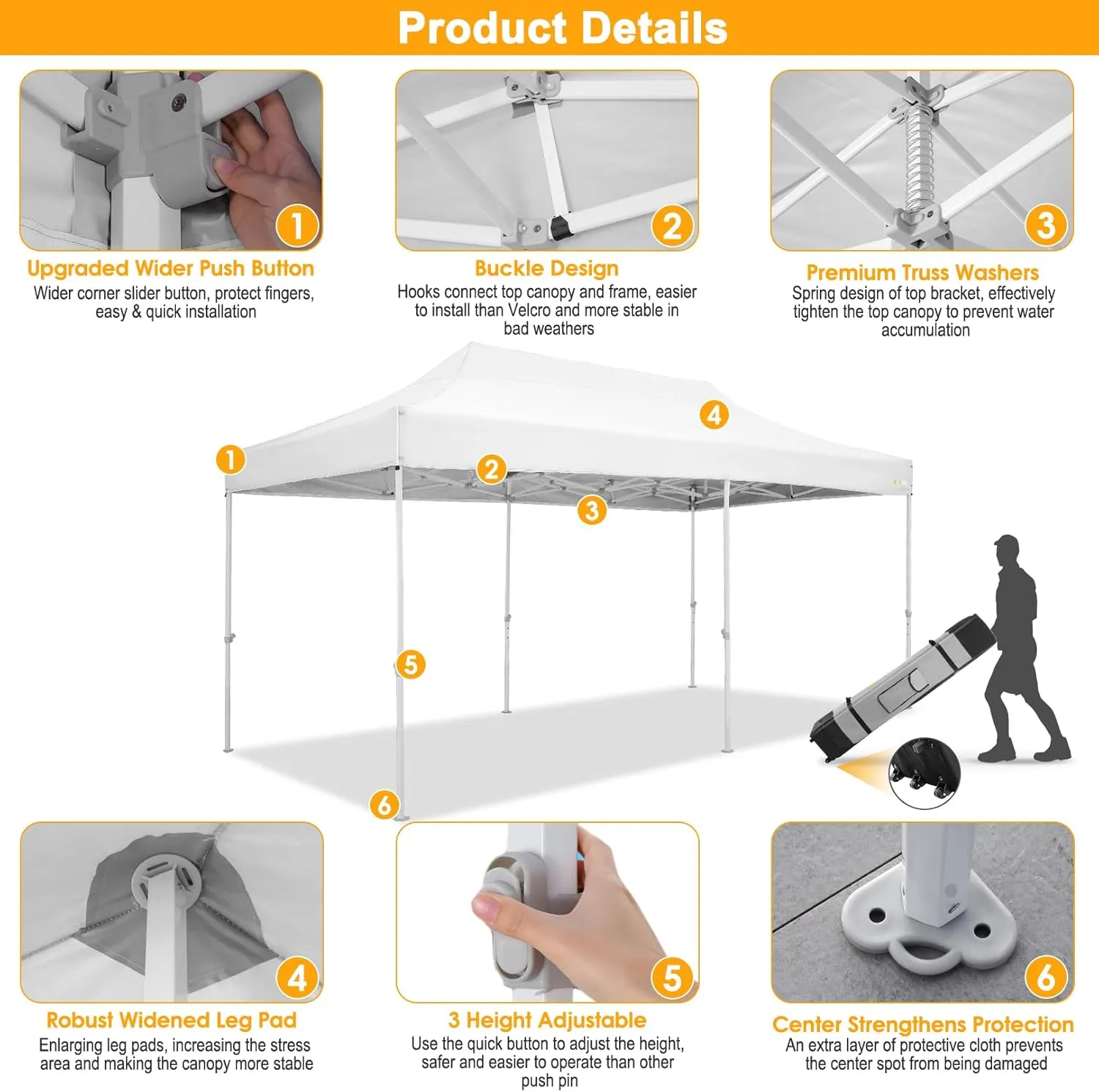 HOTEEL 10x20 Heavy Duty Pop Up Canopy Tent for Parties Event Wedding Commercial Instant Canopy with Roller Bag, Party Tent Waterproof UV 50 &Windproof, Upgraded Thick Hexagonal Legs, White