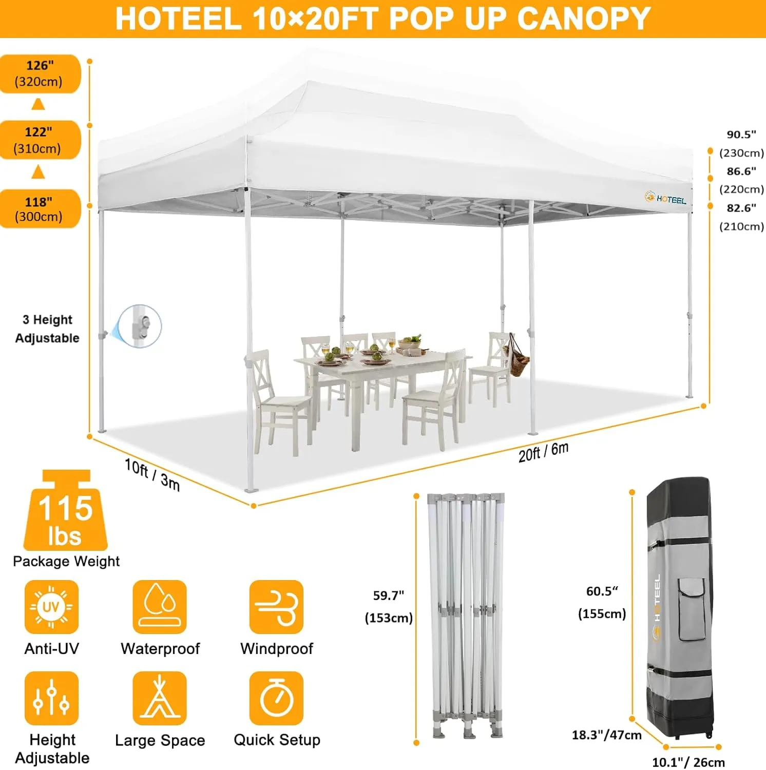 HOTEEL 10x20 Heavy Duty Pop Up Canopy Tent for Parties Event Wedding Commercial Instant Canopy with Roller Bag, Party Tent Waterproof UV 50 &Windproof, Upgraded Thick Hexagonal Legs, White
