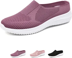 HoukiG Women's Breathable Knit Mesh Mules with Arch Support,Breathable Knitted Mesh Soft Comfortable Round Toe Mules