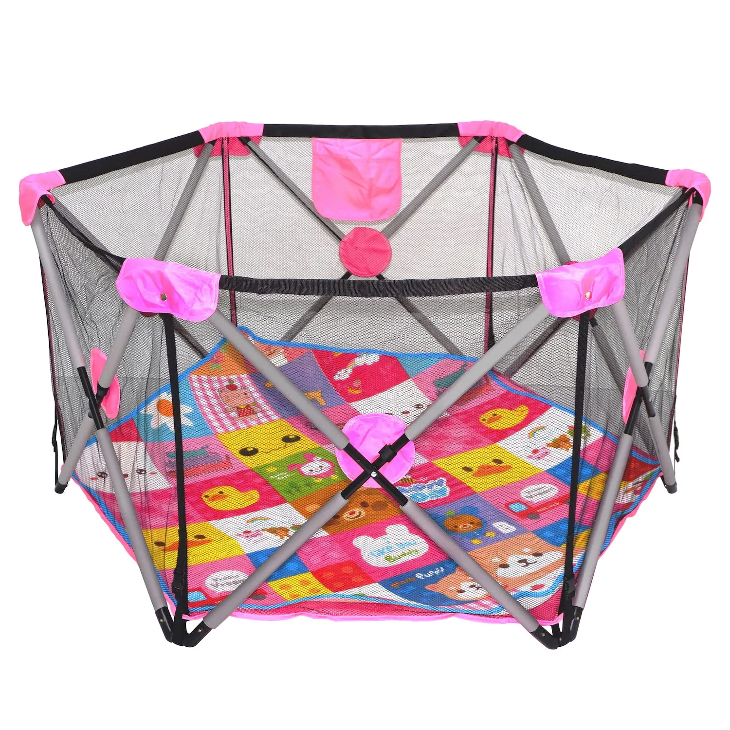 HTTMT- Hexagon Safety Playpen Portable Foldable Mesh Playard Infants Baby Toodler Animals Fence w/Travel Bag Nursery Furniture For Indoor Outdoor - Dark Pink
