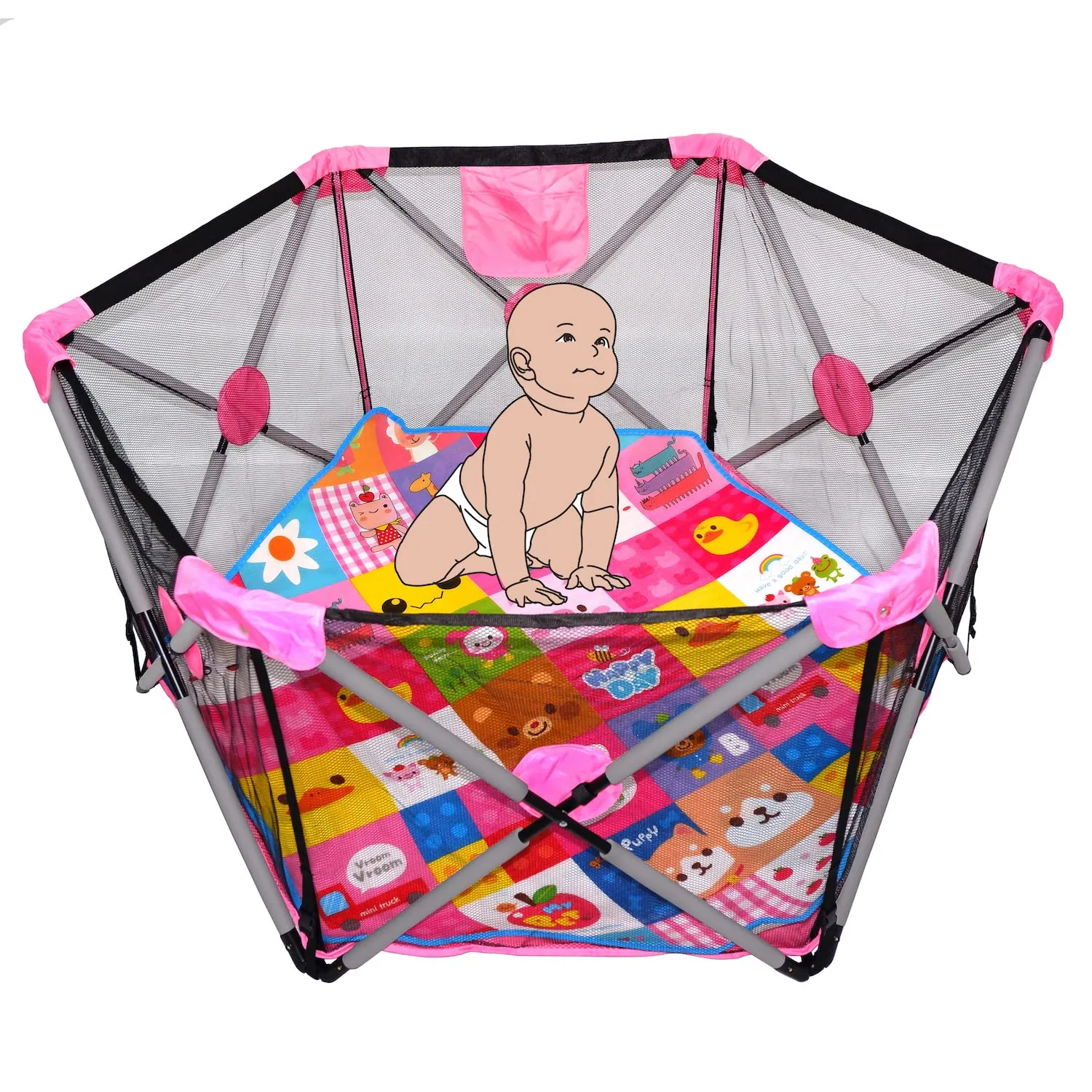 HTTMT- Hexagon Safety Playpen Portable Foldable Mesh Playard Infants Baby Toodler Animals Fence w/Travel Bag Nursery Furniture For Indoor Outdoor - Dark Pink