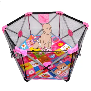 HTTMT- Hexagon Safety Playpen Portable Foldable Mesh Playard Infants Baby Toodler Animals Fence w/Travel Bag Nursery Furniture For Indoor Outdoor - Dark Pink