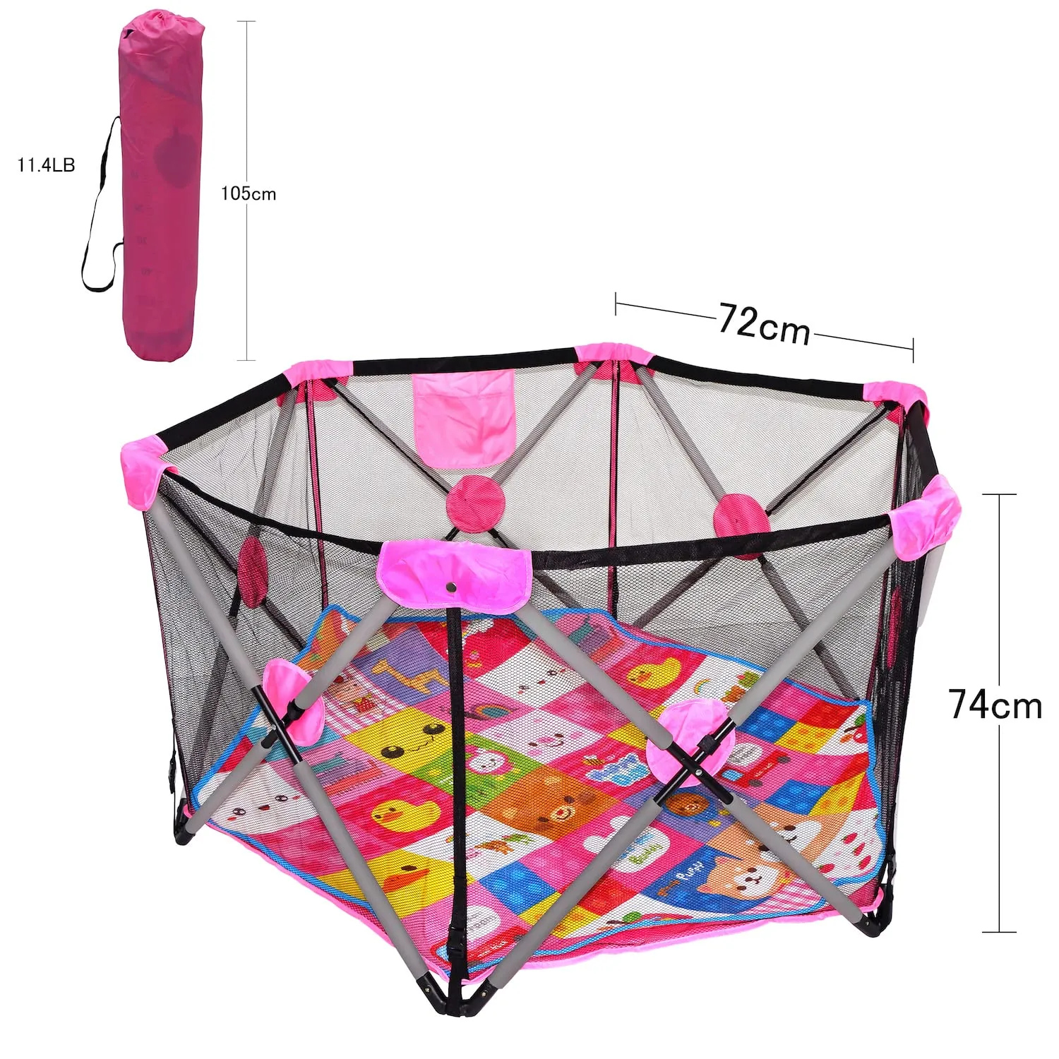 HTTMT- Hexagon Safety Playpen Portable Foldable Mesh Playard Infants Baby Toodler Animals Fence w/Travel Bag Nursery Furniture For Indoor Outdoor - Dark Pink