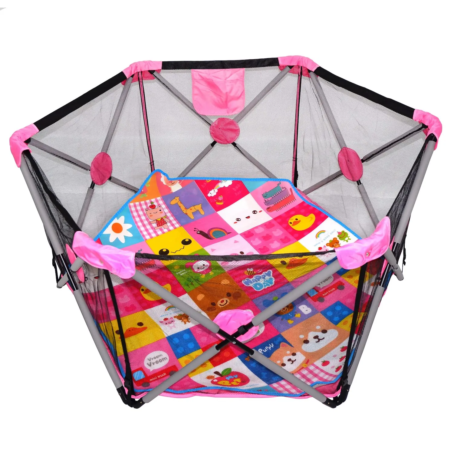 HTTMT- Hexagon Safety Playpen Portable Foldable Mesh Playard Infants Baby Toodler Animals Fence w/Travel Bag Nursery Furniture For Indoor Outdoor - Dark Pink