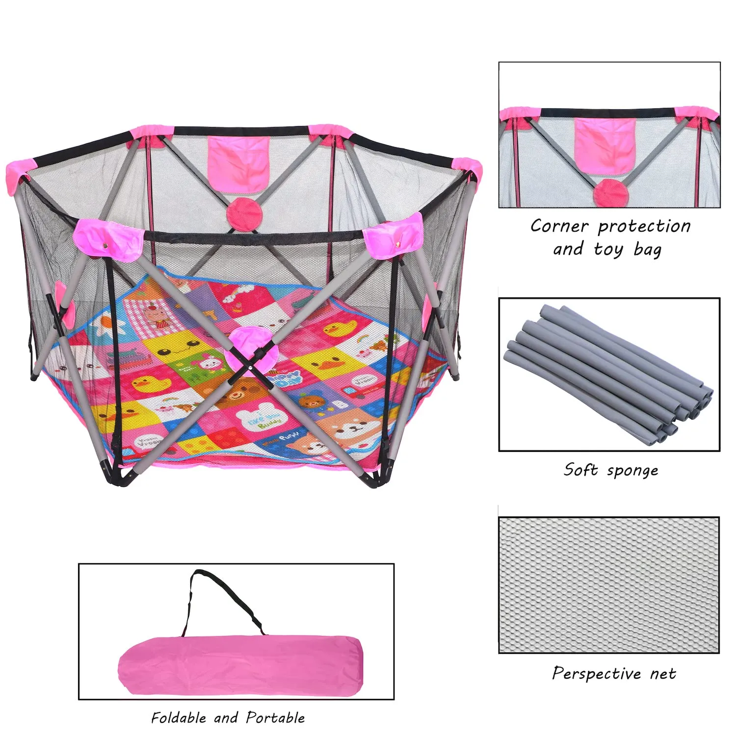 HTTMT- Hexagon Safety Playpen Portable Foldable Mesh Playard Infants Baby Toodler Animals Fence w/Travel Bag Nursery Furniture For Indoor Outdoor - Dark Pink