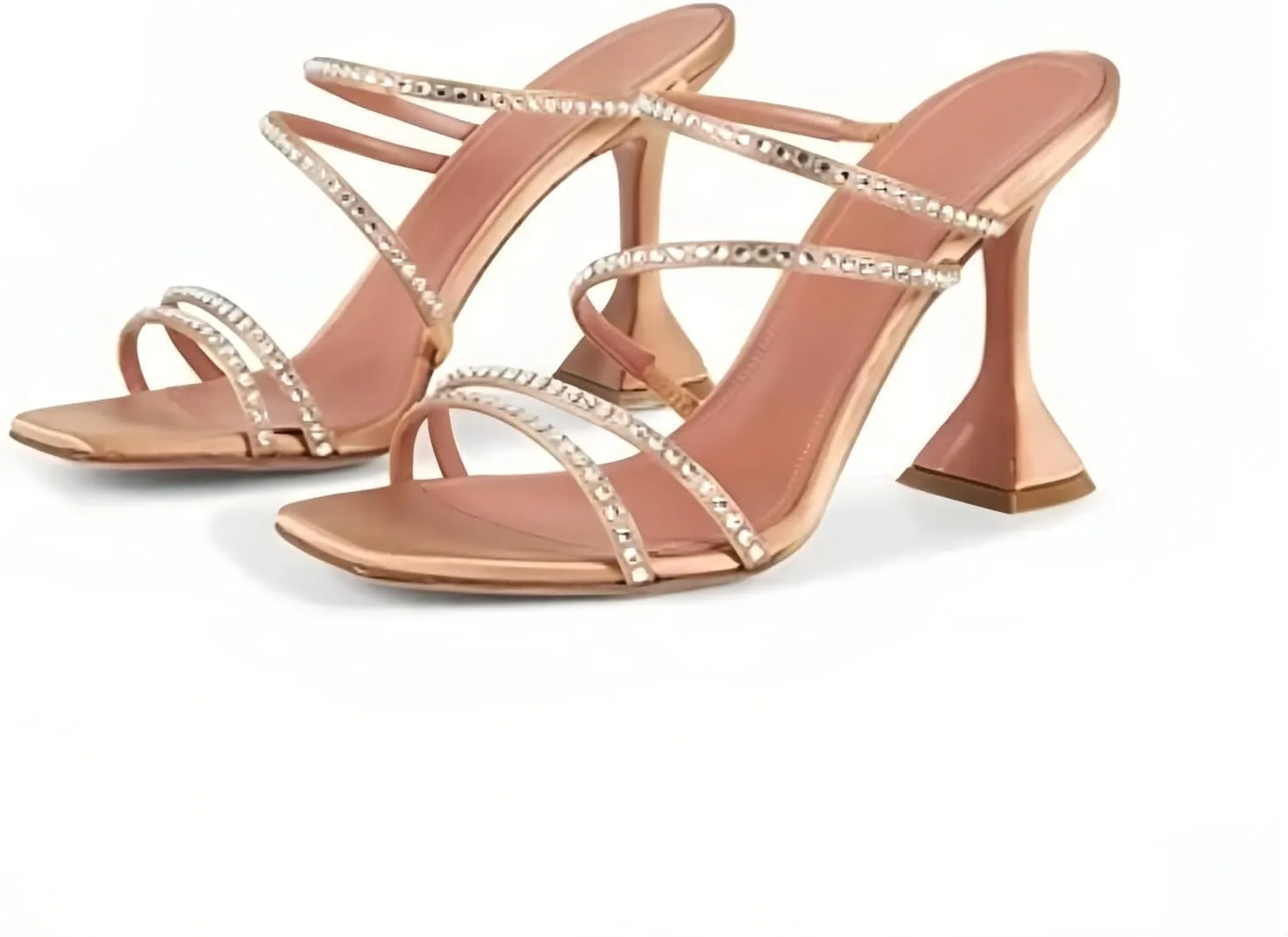 iadore Women's High Heels, Square Open Toe Sparkly Four Rhinestone Straps Backless Slip On Sandals Triangle Heeled Pump Shoes 4 Inches