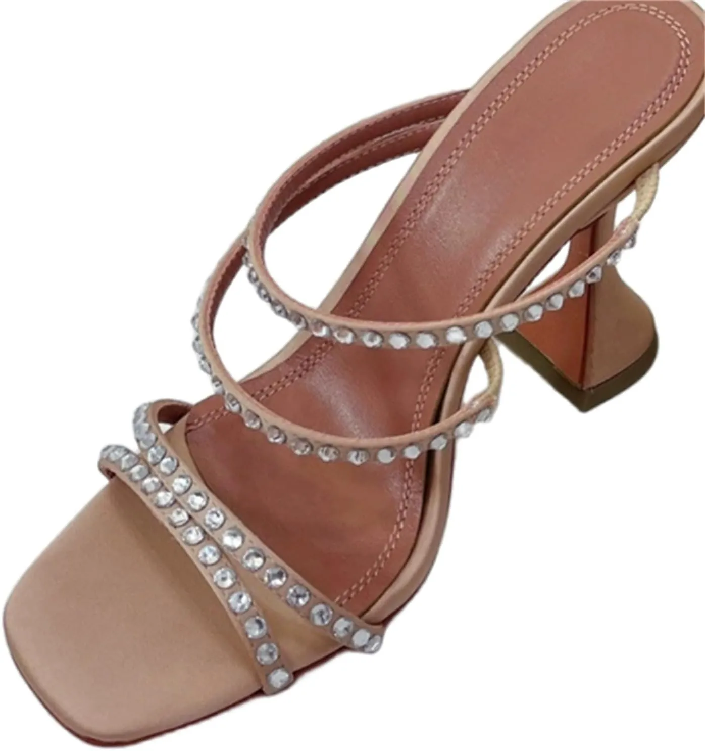 iadore Women's High Heels, Square Open Toe Sparkly Four Rhinestone Straps Backless Slip On Sandals Triangle Heeled Pump Shoes 4 Inches
