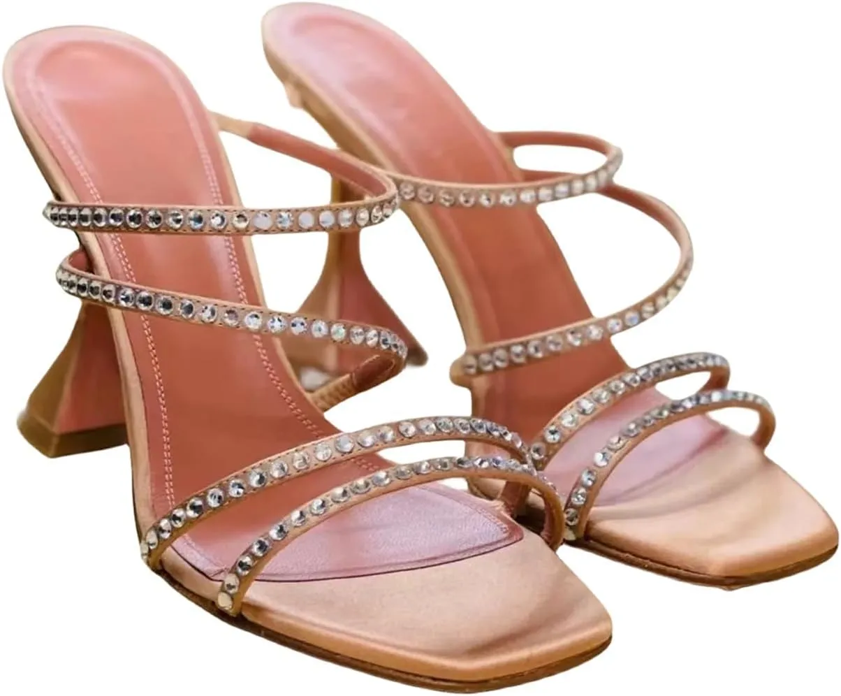 iadore Women's High Heels, Square Open Toe Sparkly Four Rhinestone Straps Backless Slip On Sandals Triangle Heeled Pump Shoes 4 Inches