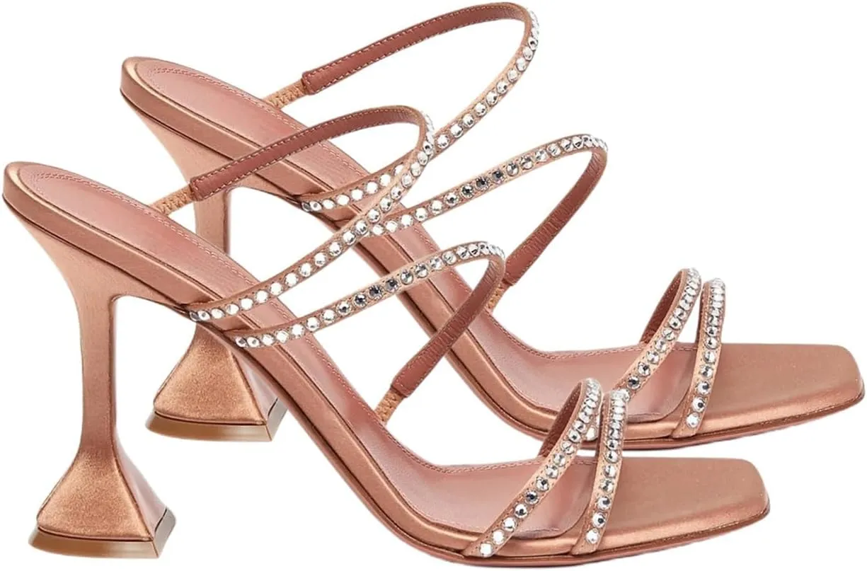 iadore Women's High Heels, Square Open Toe Sparkly Four Rhinestone Straps Backless Slip On Sandals Triangle Heeled Pump Shoes 4 Inches