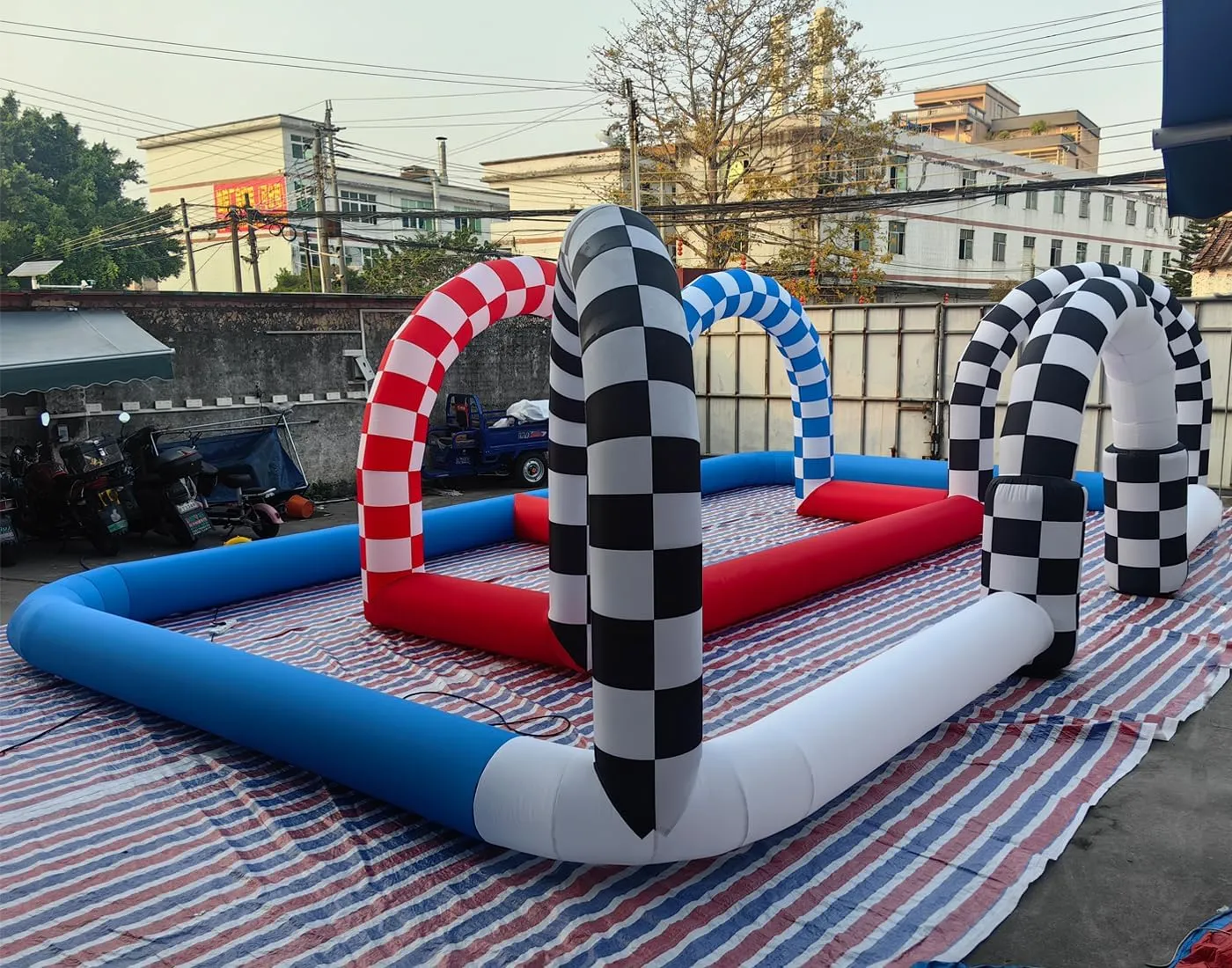 Inflatable Go Kart Race Tracks Inflatable Didi Car Race Track Sport Game Air Racing Bumper Car Happy Hopper Circuit for Birthday Party and Event (Blue Red, 33x20x6.5FT)