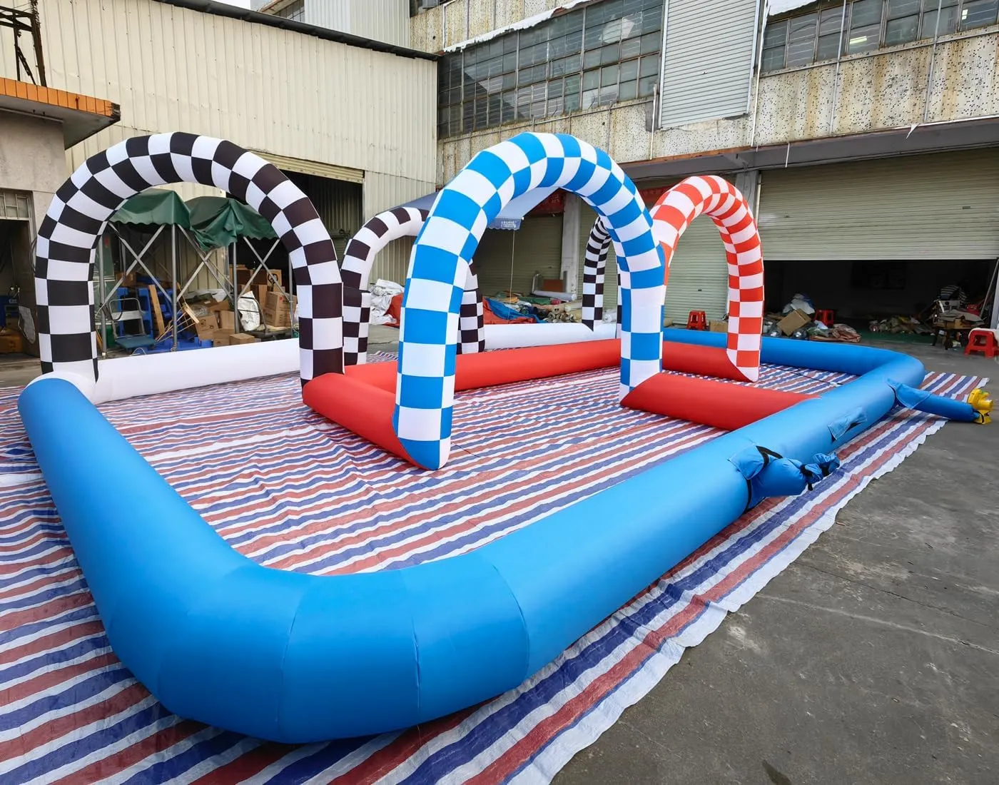 Inflatable Go Kart Race Tracks Inflatable Didi Car Race Track Sport Game Air Racing Bumper Car Happy Hopper Circuit for Birthday Party and Event (Blue Red, 33x20x6.5FT)