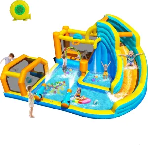 Inflatable Water Slide for Kids,8-in-1 Bounce House Water Park with 450W Blower,Climbing Wall,Splash Pool,Basket-Rim,Football Gate,Water Cannon,Great Party Gift for Kids Backyard