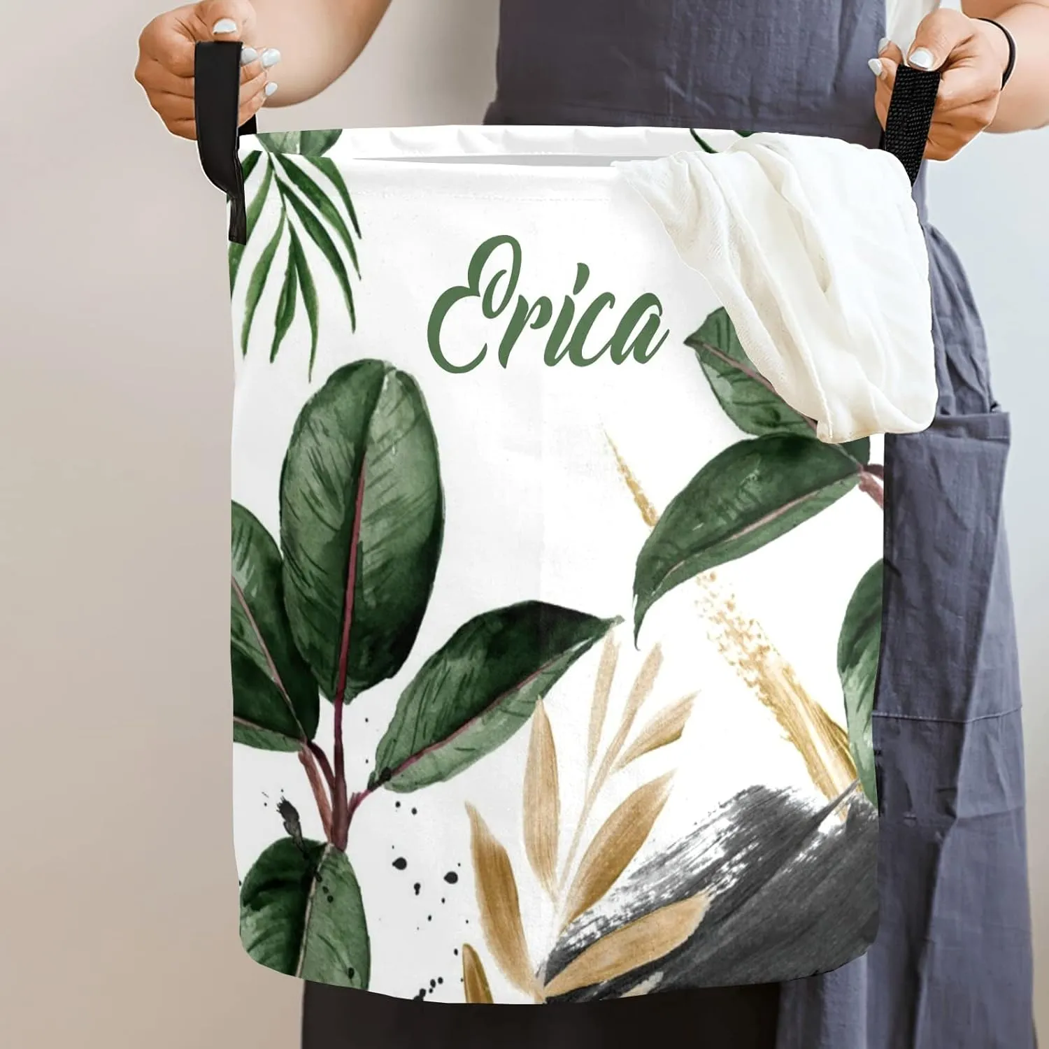Island Tropical Leaves Personalized Waterproof Foldable Laundry Basket Bag with Handle, Custom Collapsible Clothes Hamper Storage Bin for Toys Laundry Dorm Travel Bathroom