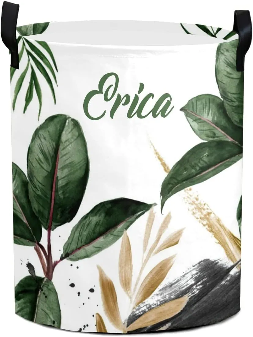 Island Tropical Leaves Personalized Waterproof Foldable Laundry Basket Bag with Handle, Custom Collapsible Clothes Hamper Storage Bin for Toys Laundry Dorm Travel Bathroom