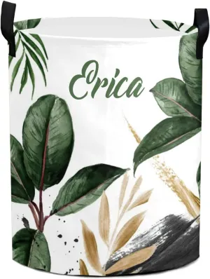 Island Tropical Leaves Personalized Waterproof Foldable Laundry Basket Bag with Handle, Custom Collapsible Clothes Hamper Storage Bin for Toys Laundry Dorm Travel Bathroom