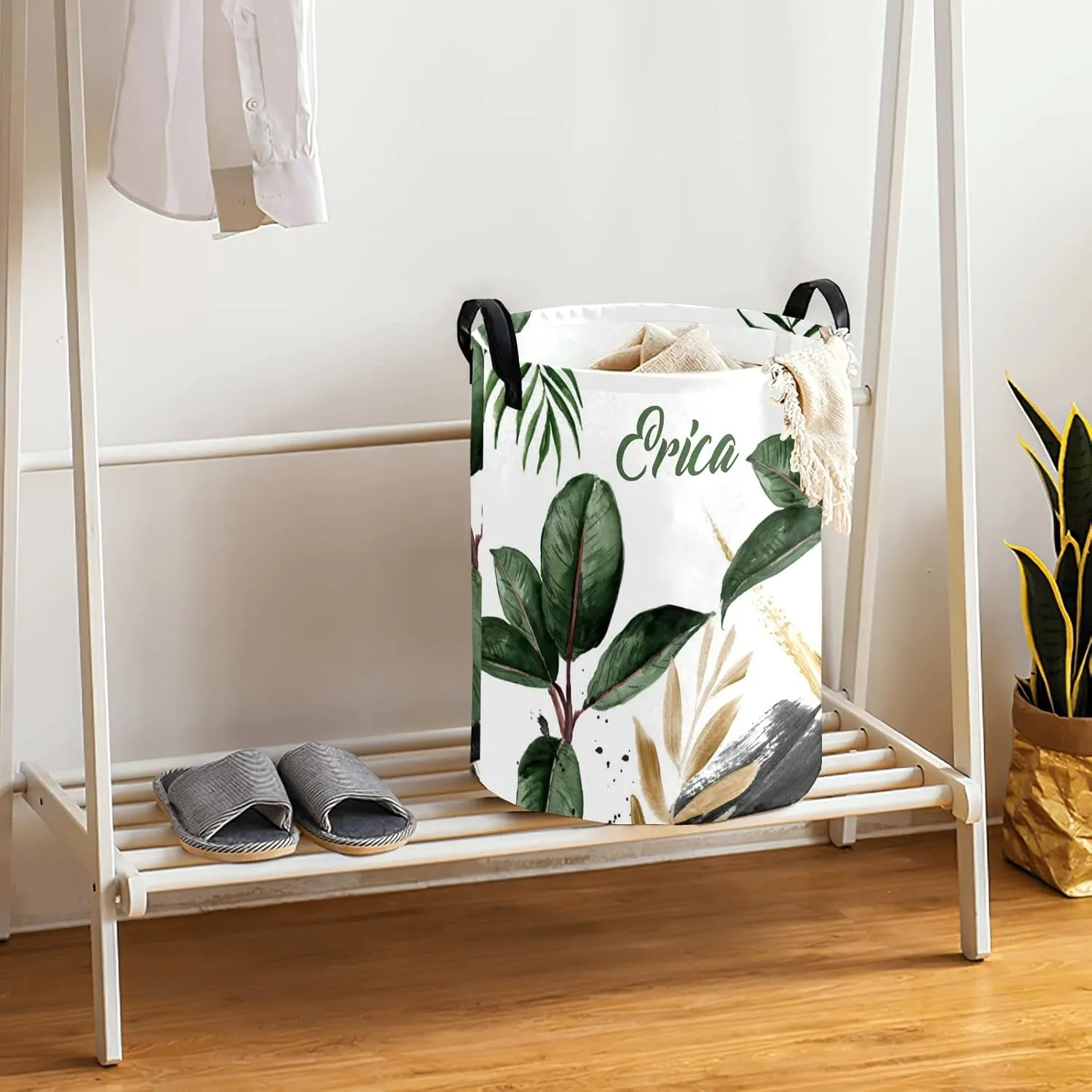 Island Tropical Leaves Personalized Waterproof Foldable Laundry Basket Bag with Handle, Custom Collapsible Clothes Hamper Storage Bin for Toys Laundry Dorm Travel Bathroom