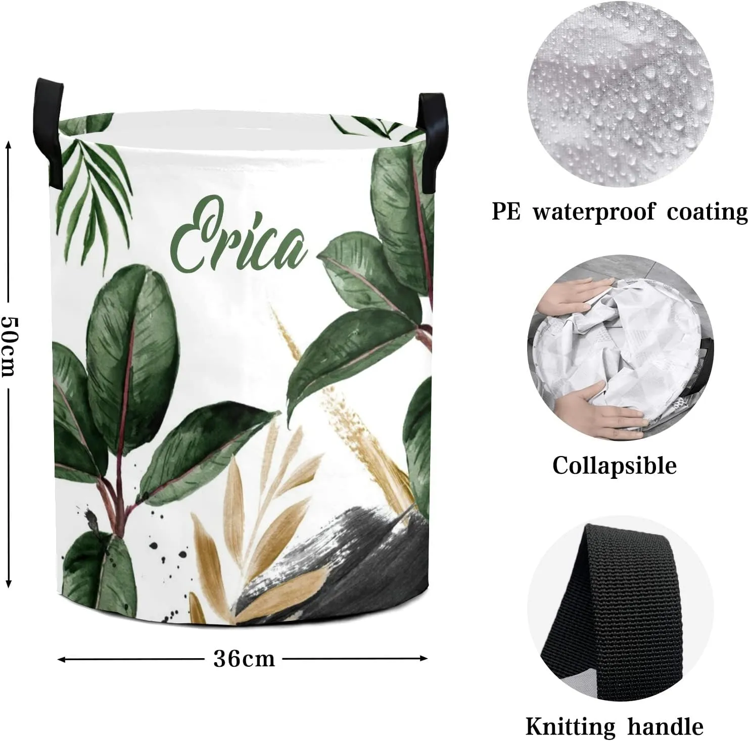 Island Tropical Leaves Personalized Waterproof Foldable Laundry Basket Bag with Handle, Custom Collapsible Clothes Hamper Storage Bin for Toys Laundry Dorm Travel Bathroom