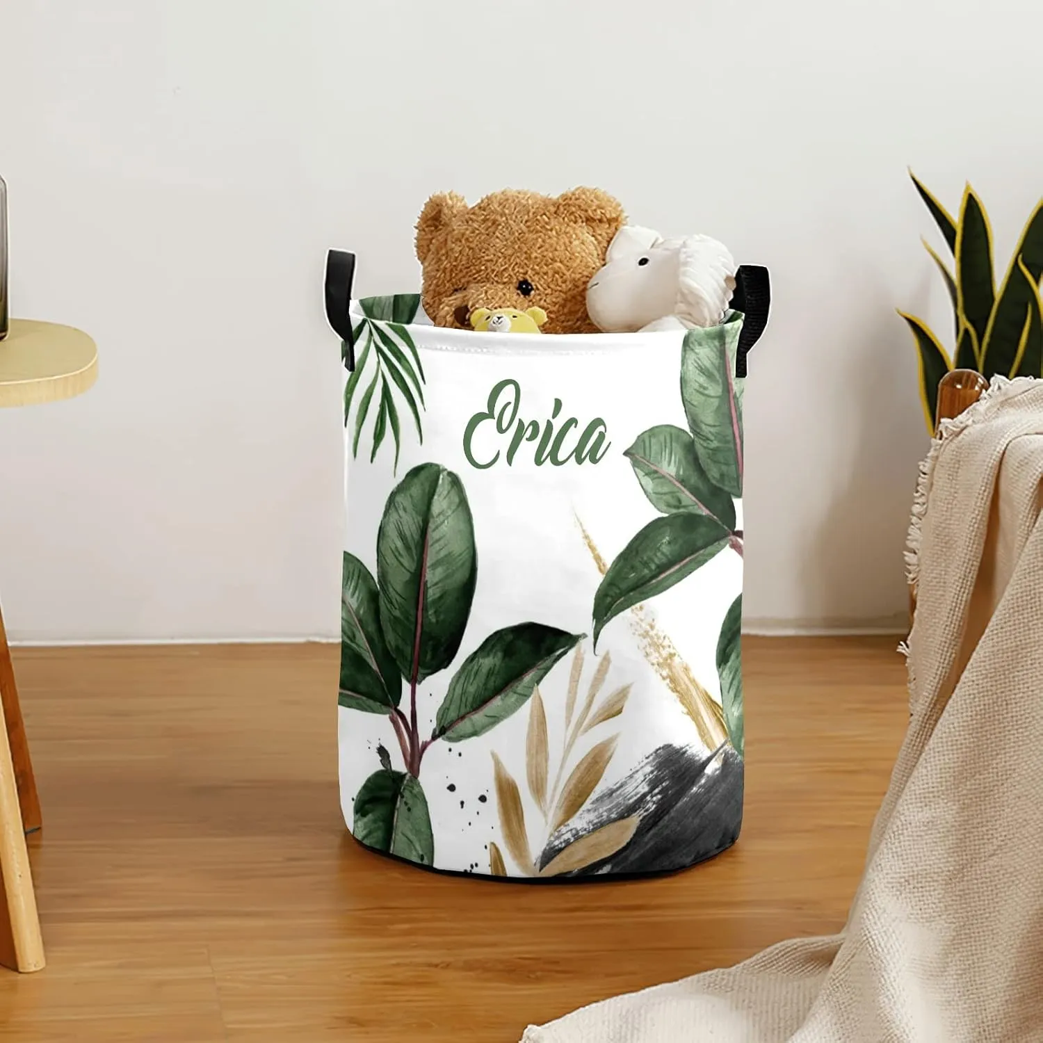 Island Tropical Leaves Personalized Waterproof Foldable Laundry Basket Bag with Handle, Custom Collapsible Clothes Hamper Storage Bin for Toys Laundry Dorm Travel Bathroom