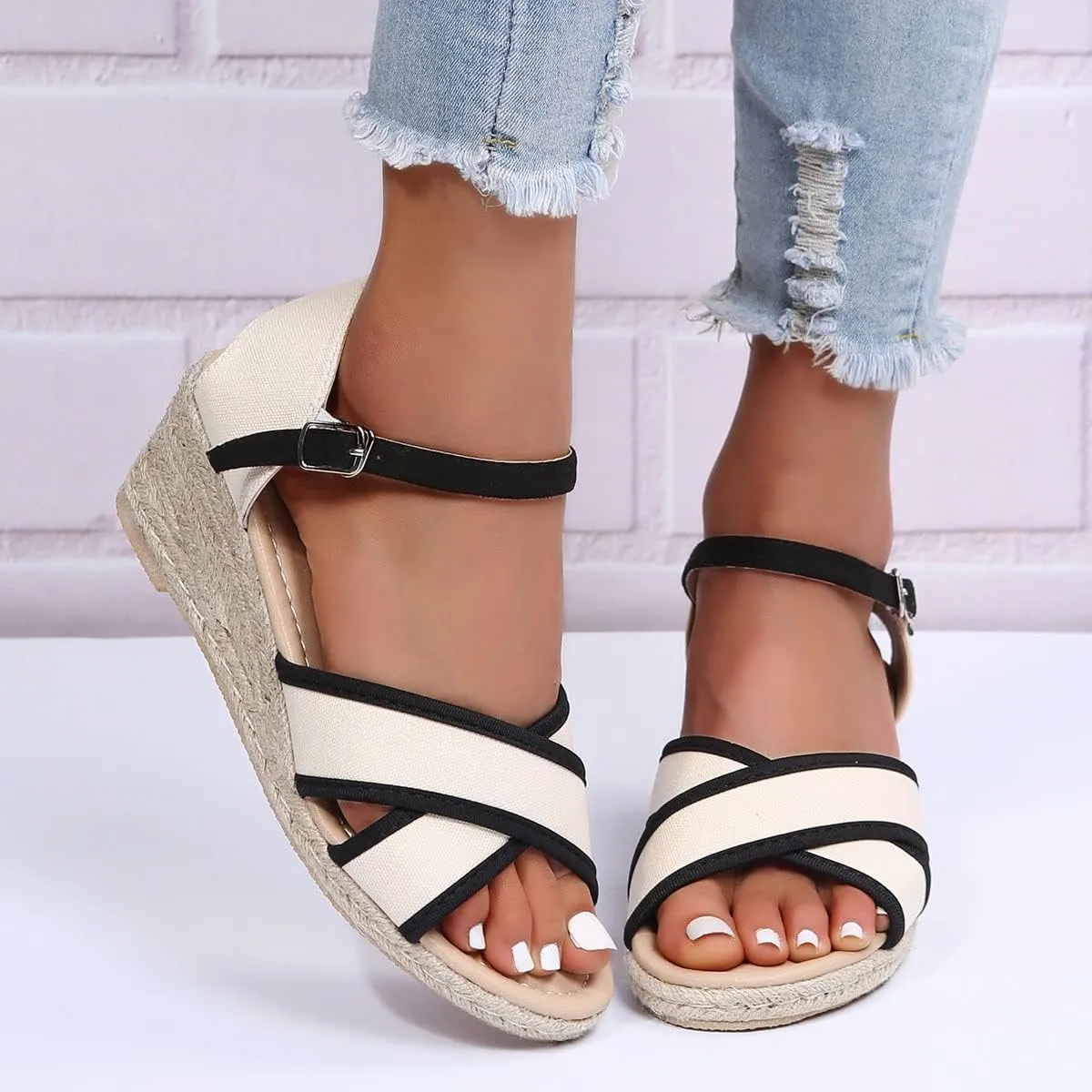JITUUE Wedge Sandals For Women Summer Platform Shoes For Women Slip Canvas Hemp Rope Bottom Women'S Espadrilles