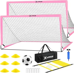 Kids Soccer Goals for Backyard Set of 2, 6x4 ft Portable Pop Up Soccer Goal Training Equipment with Soccer Ball, Ladder and Cones, Soccer Nets for Backyard for Kids Youth Toddler Outdoor Sports Games