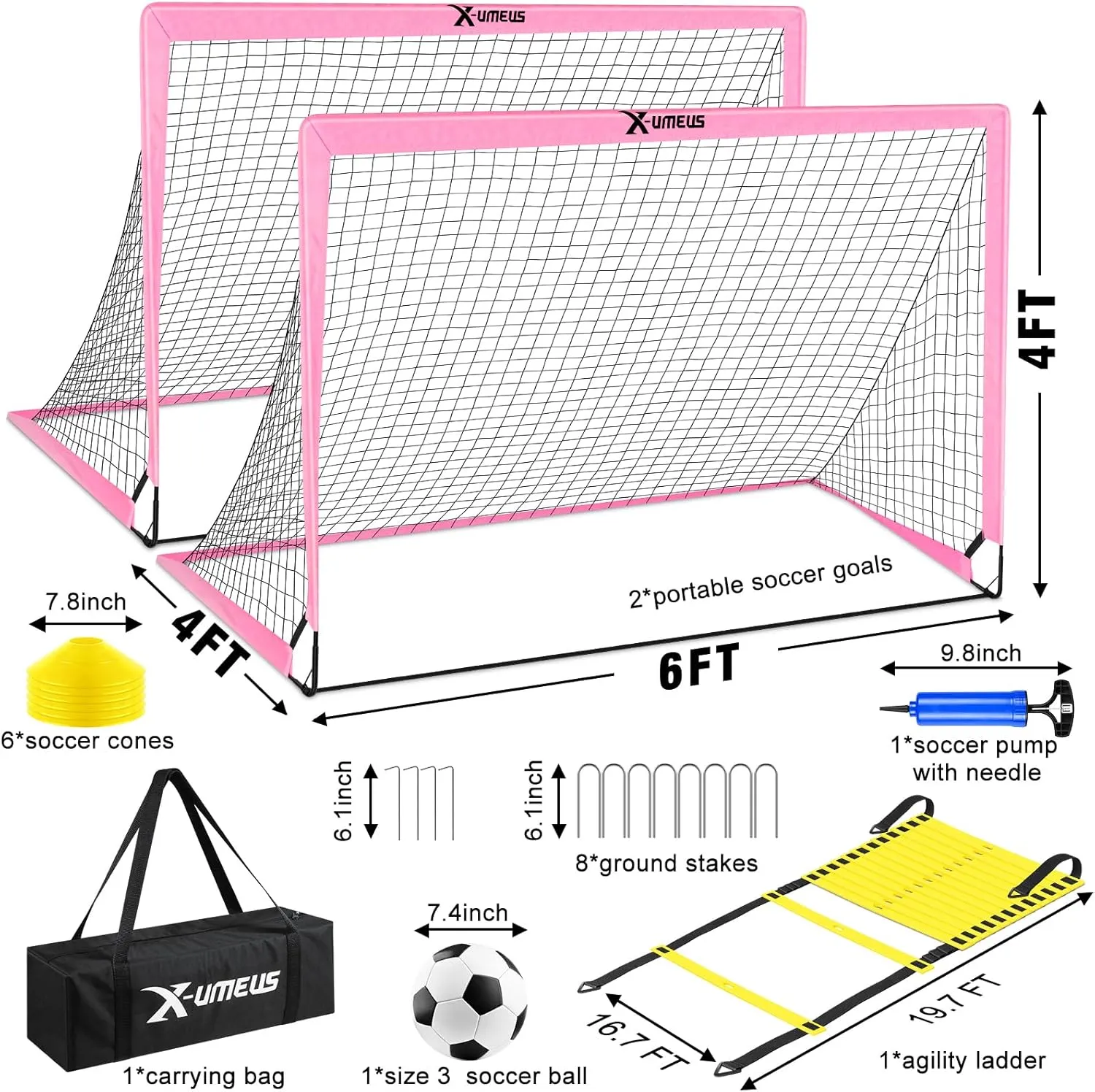 Kids Soccer Goals for Backyard Set of 2, 6x4 ft Portable Pop Up Soccer Goal Training Equipment with Soccer Ball, Ladder and Cones, Soccer Nets for Backyard for Kids Youth Toddler Outdoor Sports Games