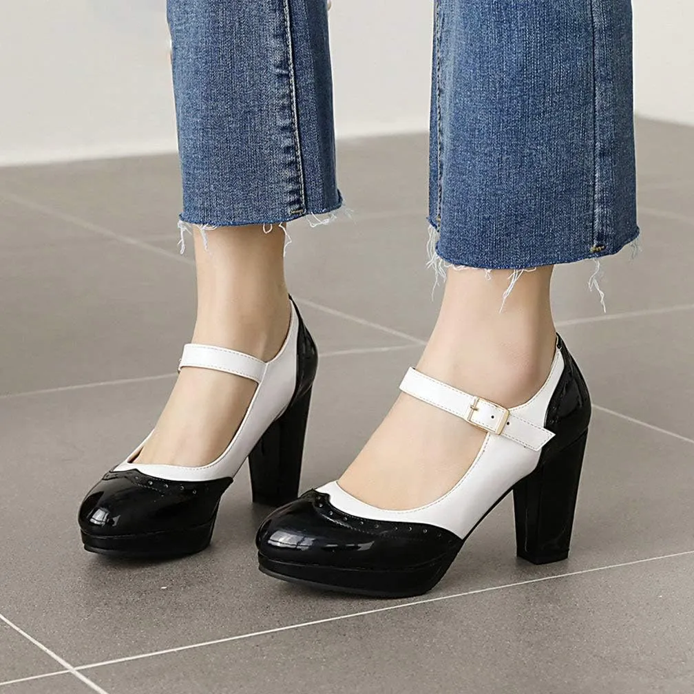 KOKOMOMO Womens Wingtip Mary Jane Oxford High Heels Ankle Strap Platform Vintage Pumps