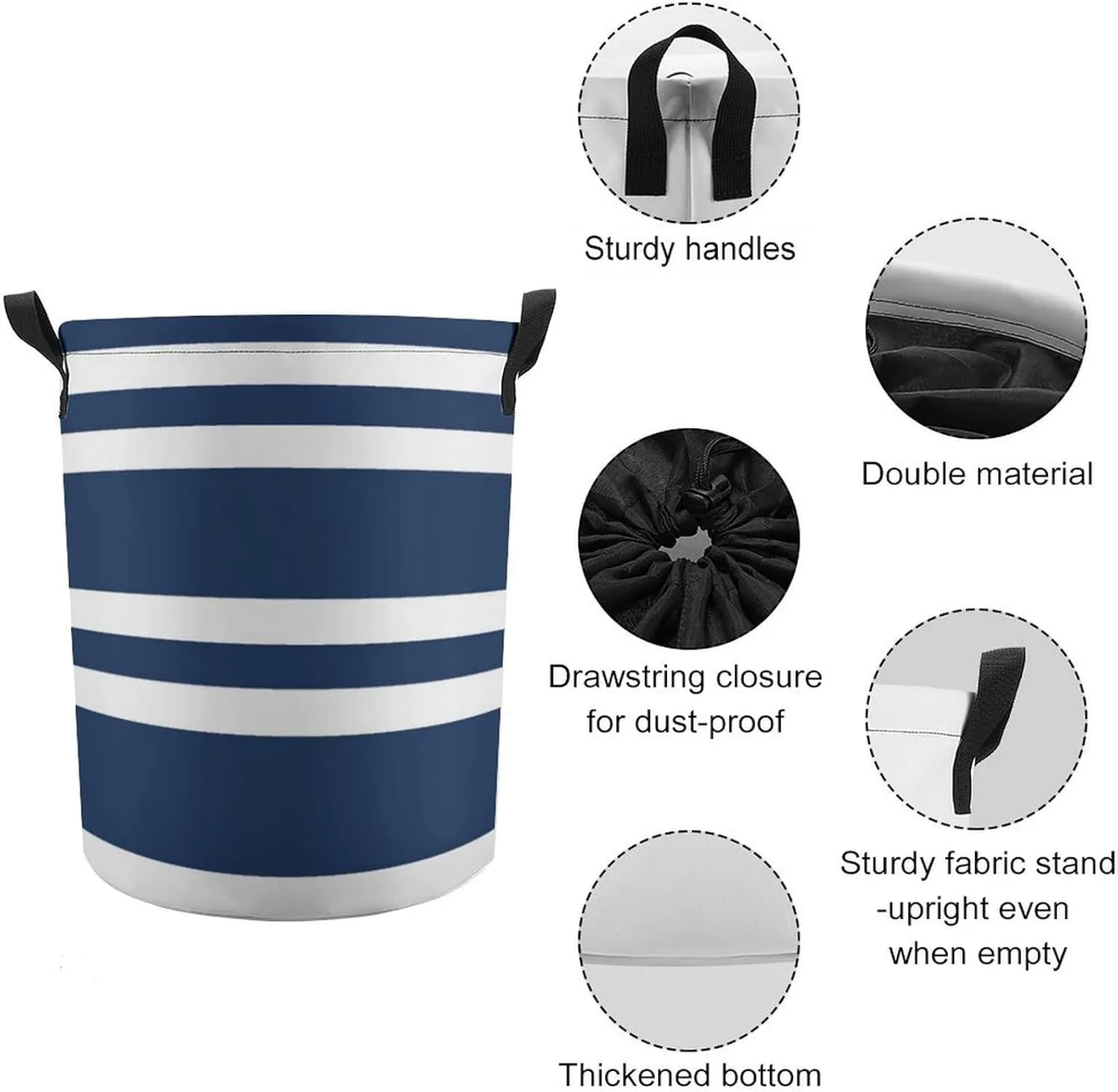 Large Laundry Hamper Bag, Navy Blue and White Stripe Collapsible Laundry Basket Waterproof Dirty Clothes Organizer Containers for College Dorms